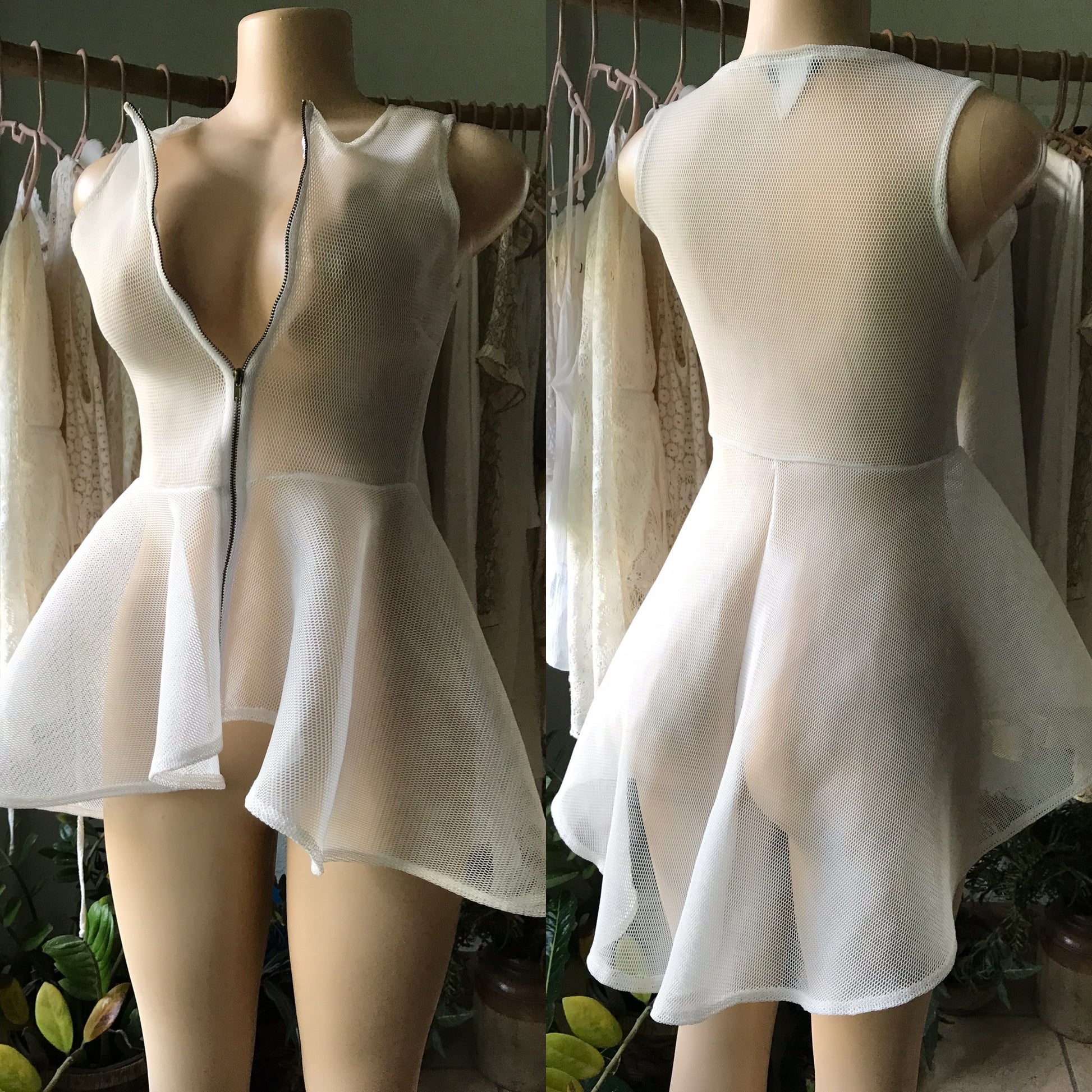 White Mesh Zip Flare Statement Blouse