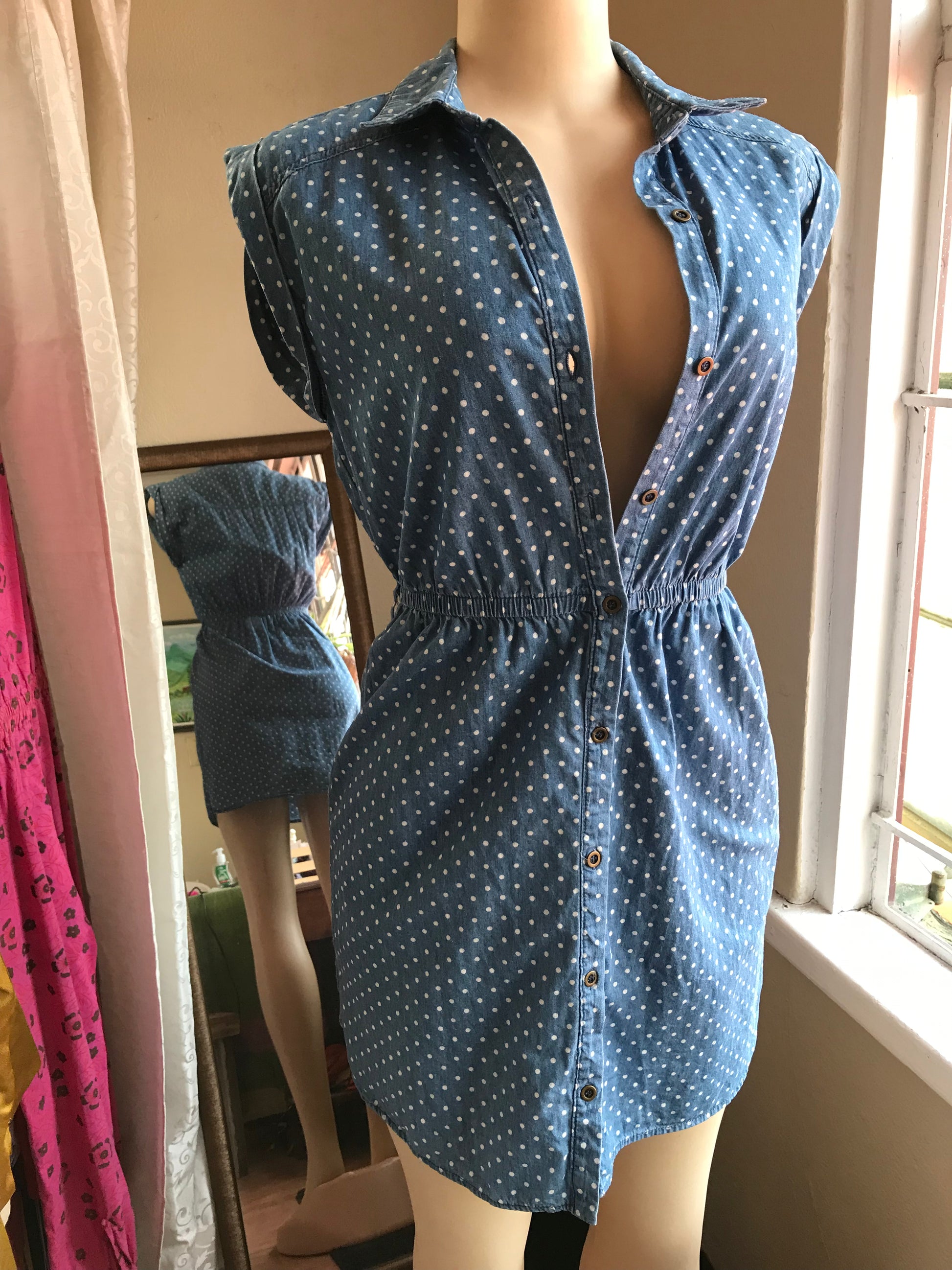 Forever 21 Denim Polka Dress Button Down - S