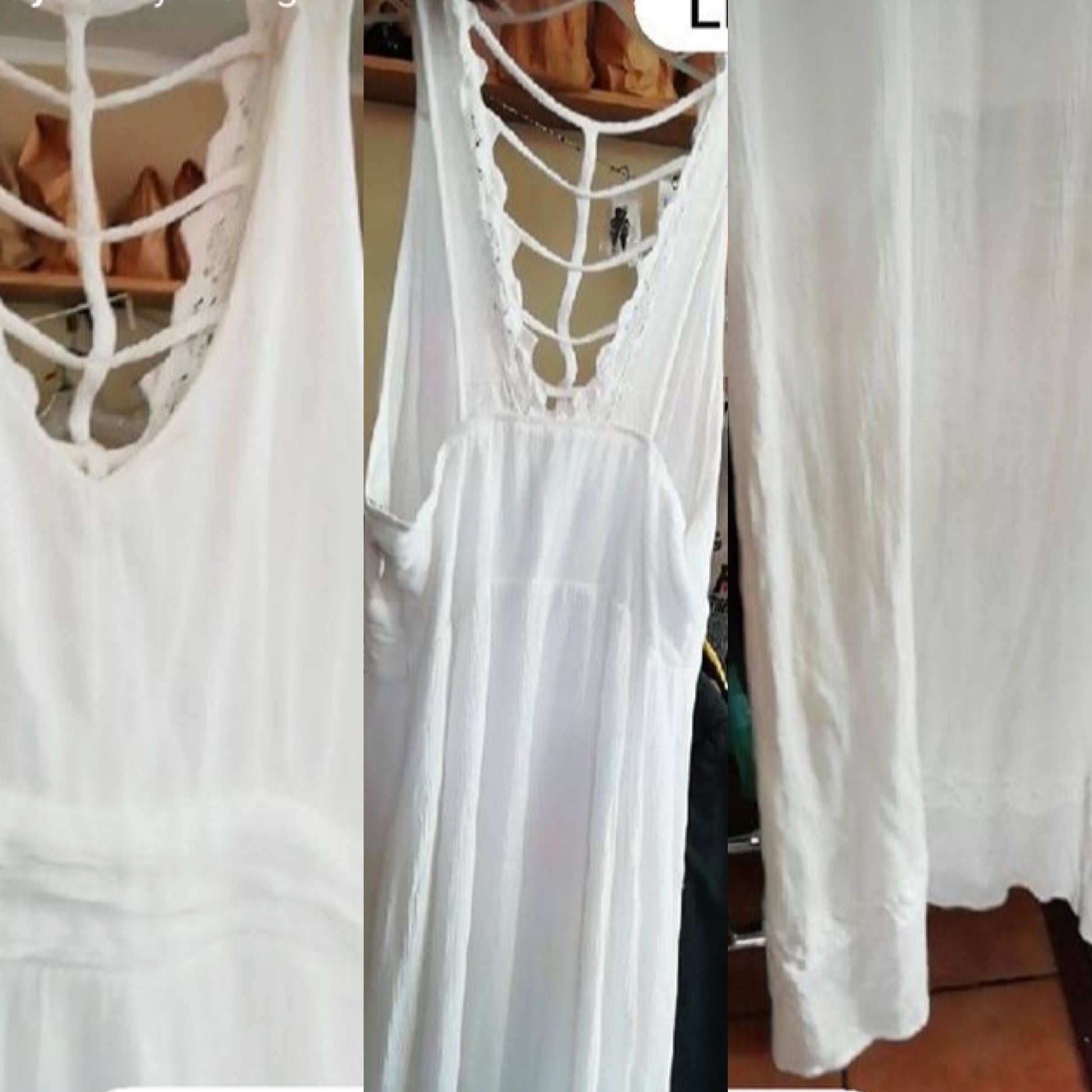 White Maxi Lined Crinkle Dress Crochet Detail