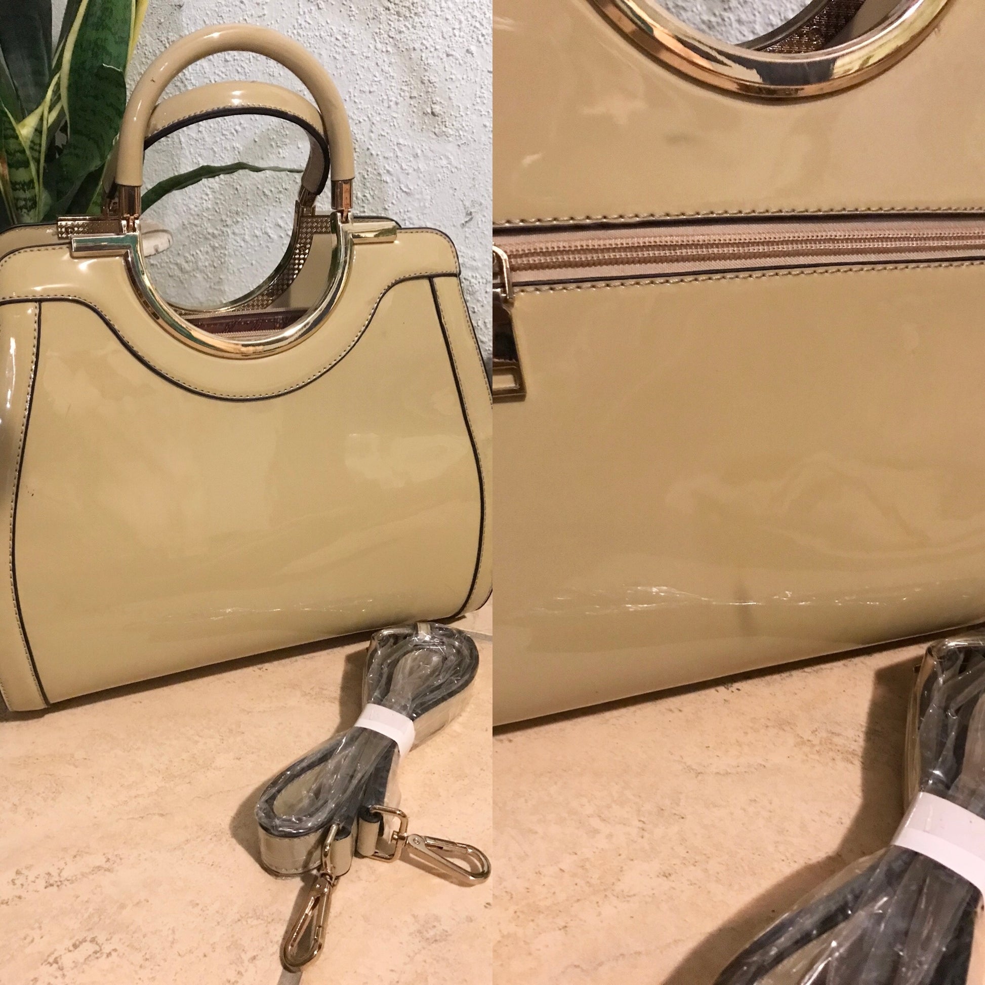 Unused Ladies Shiny Cream Handbag Gold Hardware