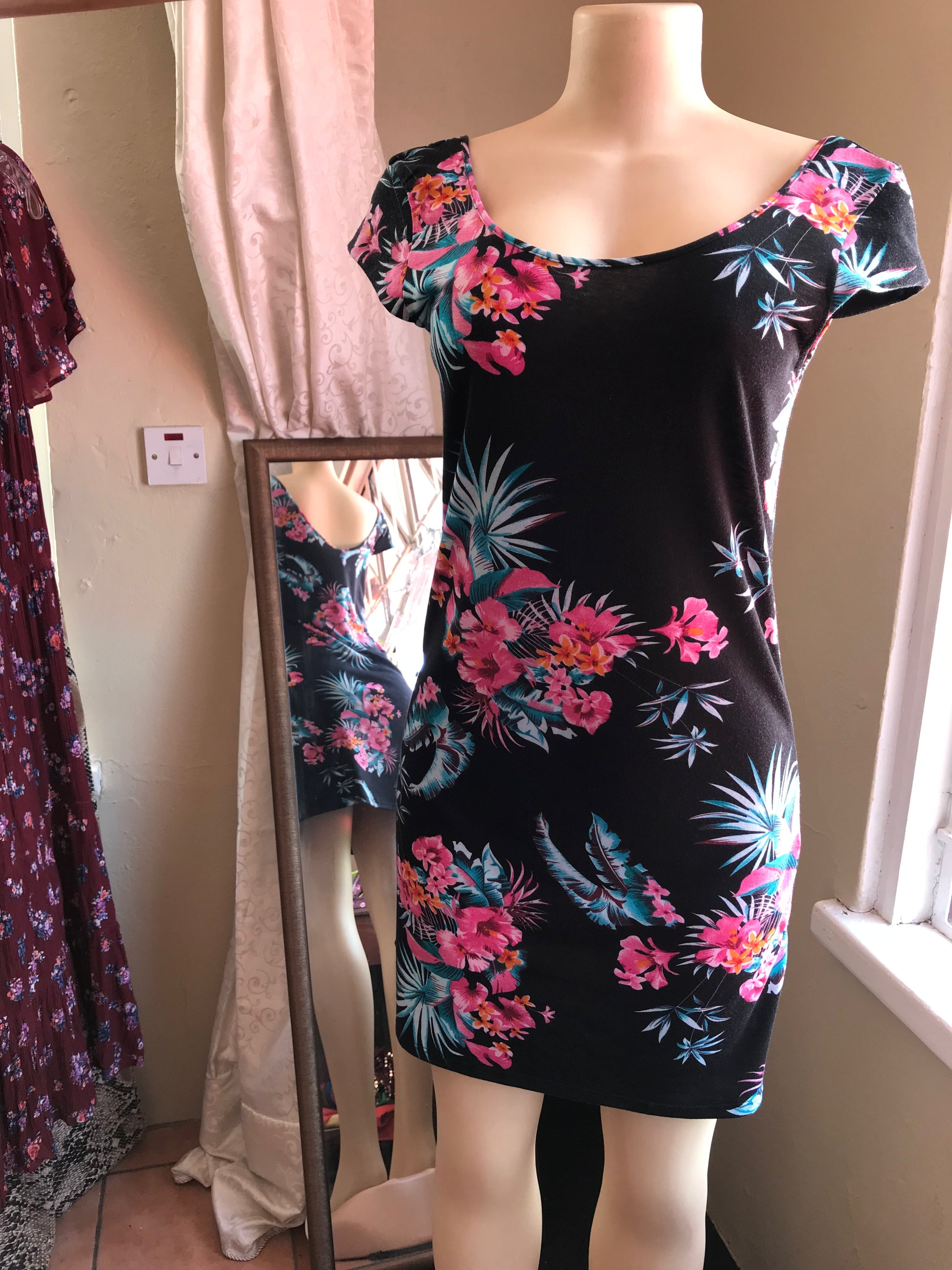 Tropical Print Bodycon Basic Dress - L