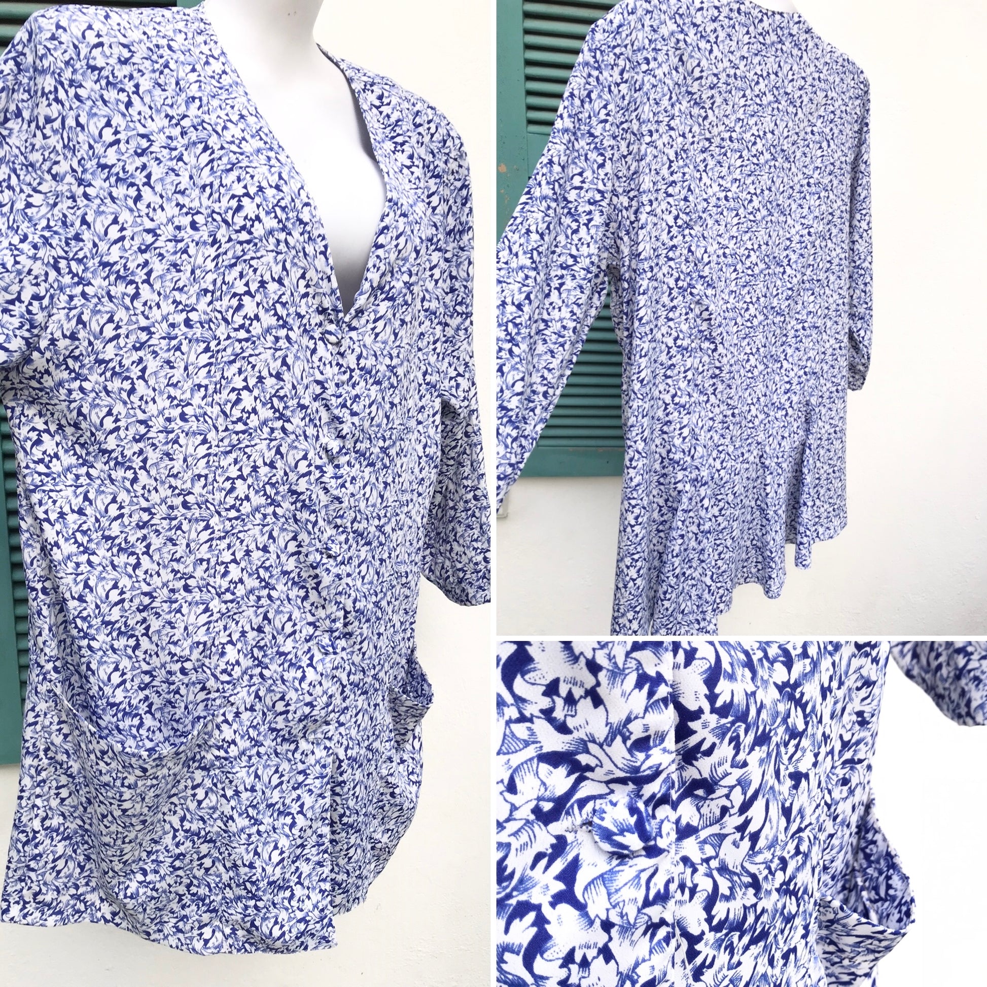 Vintage Blue Floral Button Down Shirt/ Dress Pockets