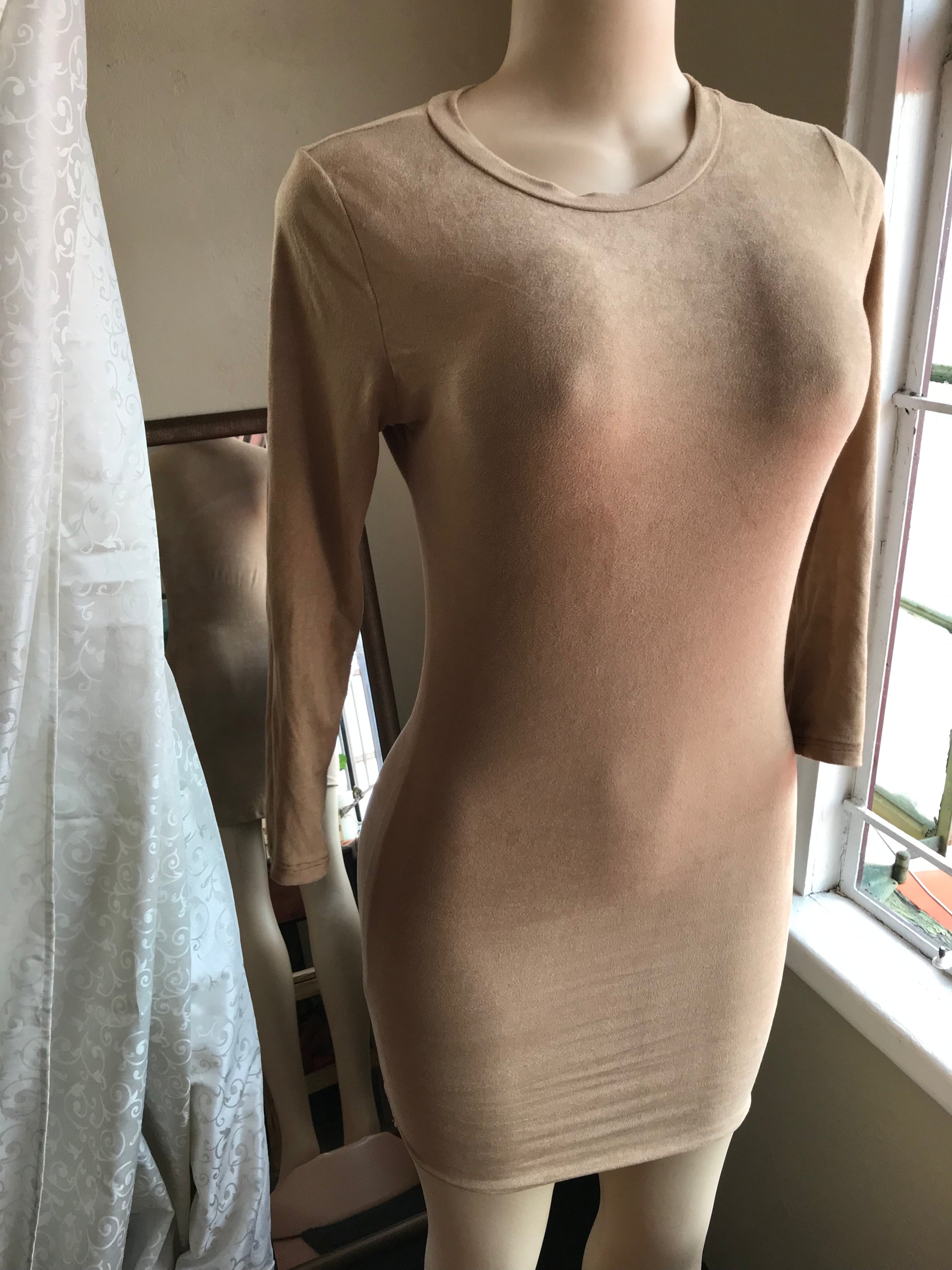 Camel Suede Minimalist Bodycon Dress