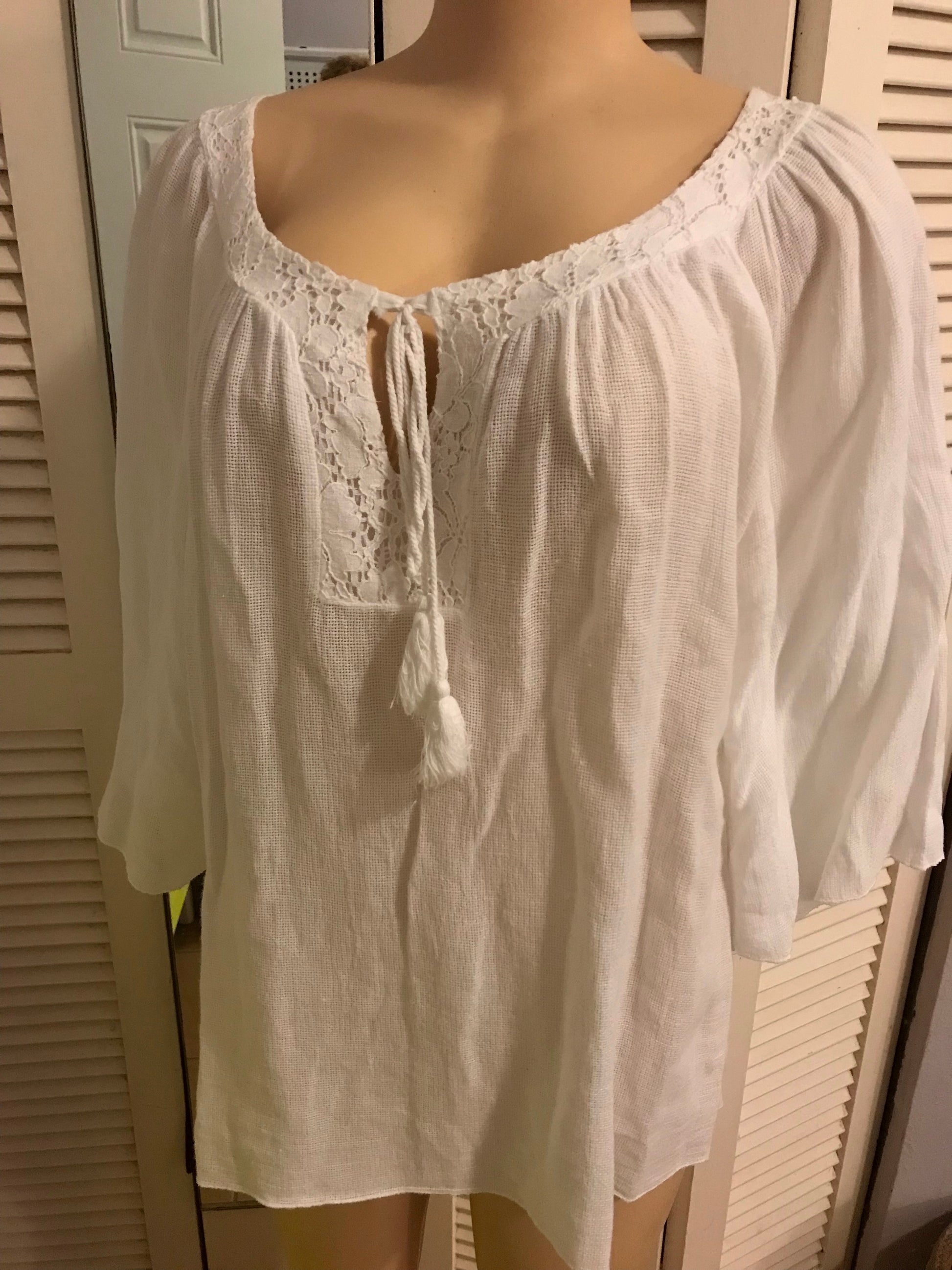 Vintage tassel cheesecloth long sleeve white