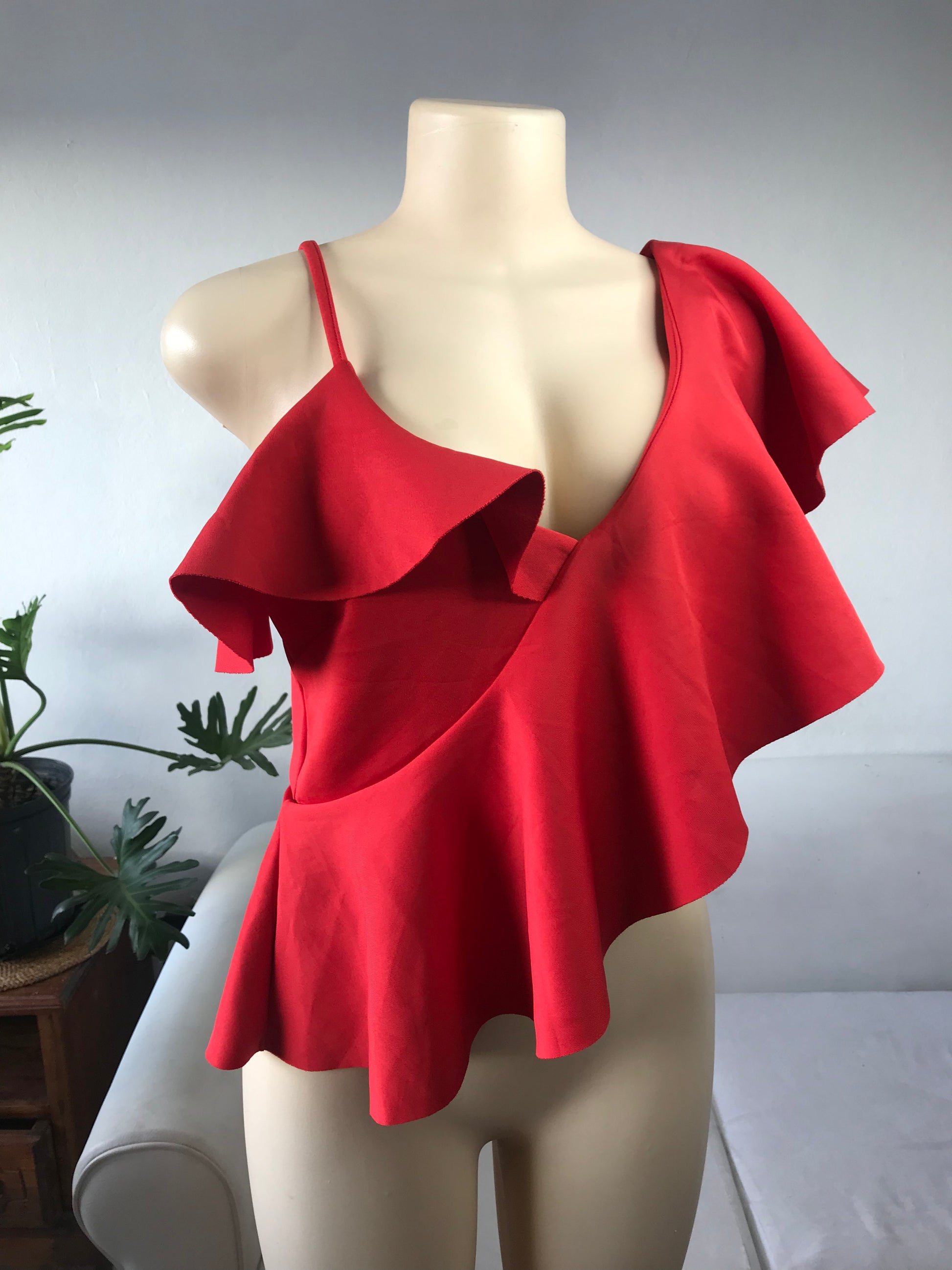 New Tag Red Asymetrical Ruffle Blouse - L