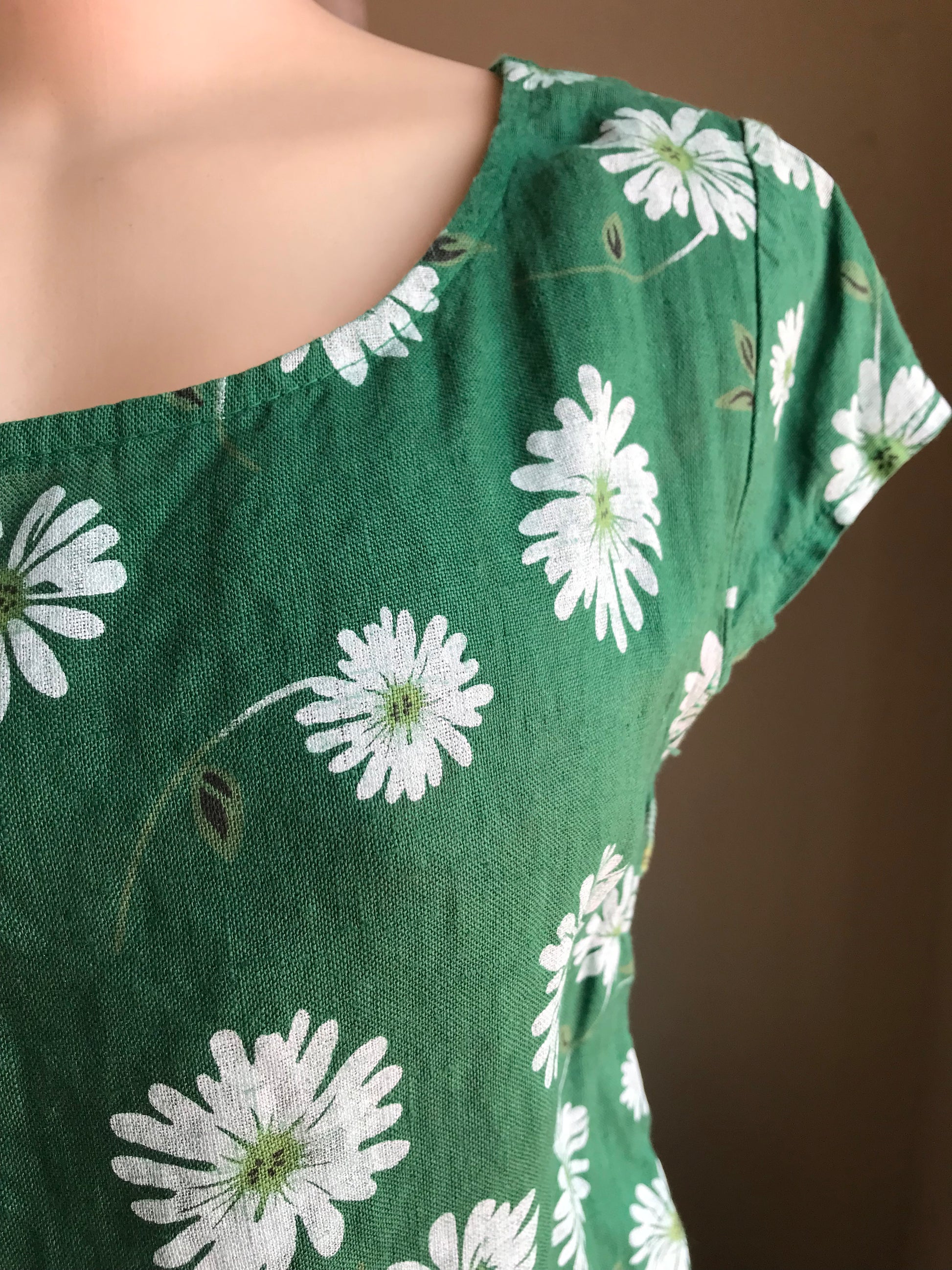 Green Retro Linen Dress Pockets Daisey - L-XL