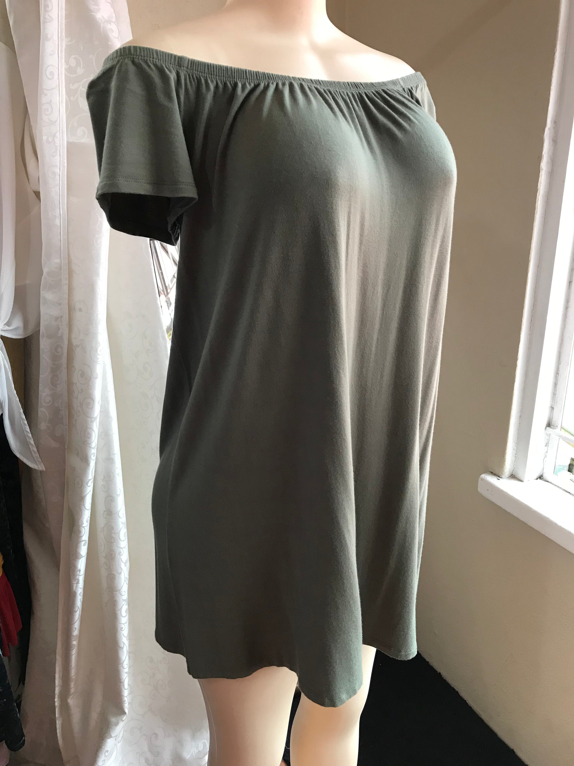 Forever 21 Earth Green Off Shoulder Minimal Dress Soft - S