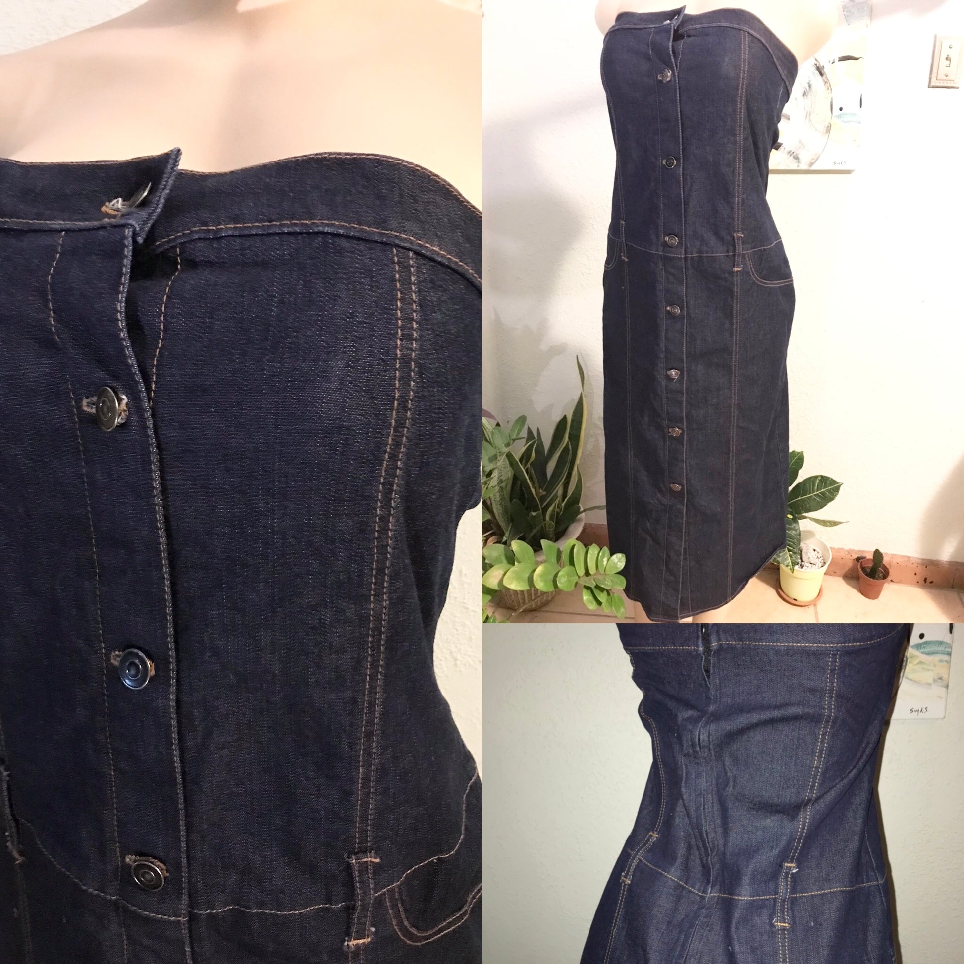 Retro Denim Button Down Midi Dress Strapless
