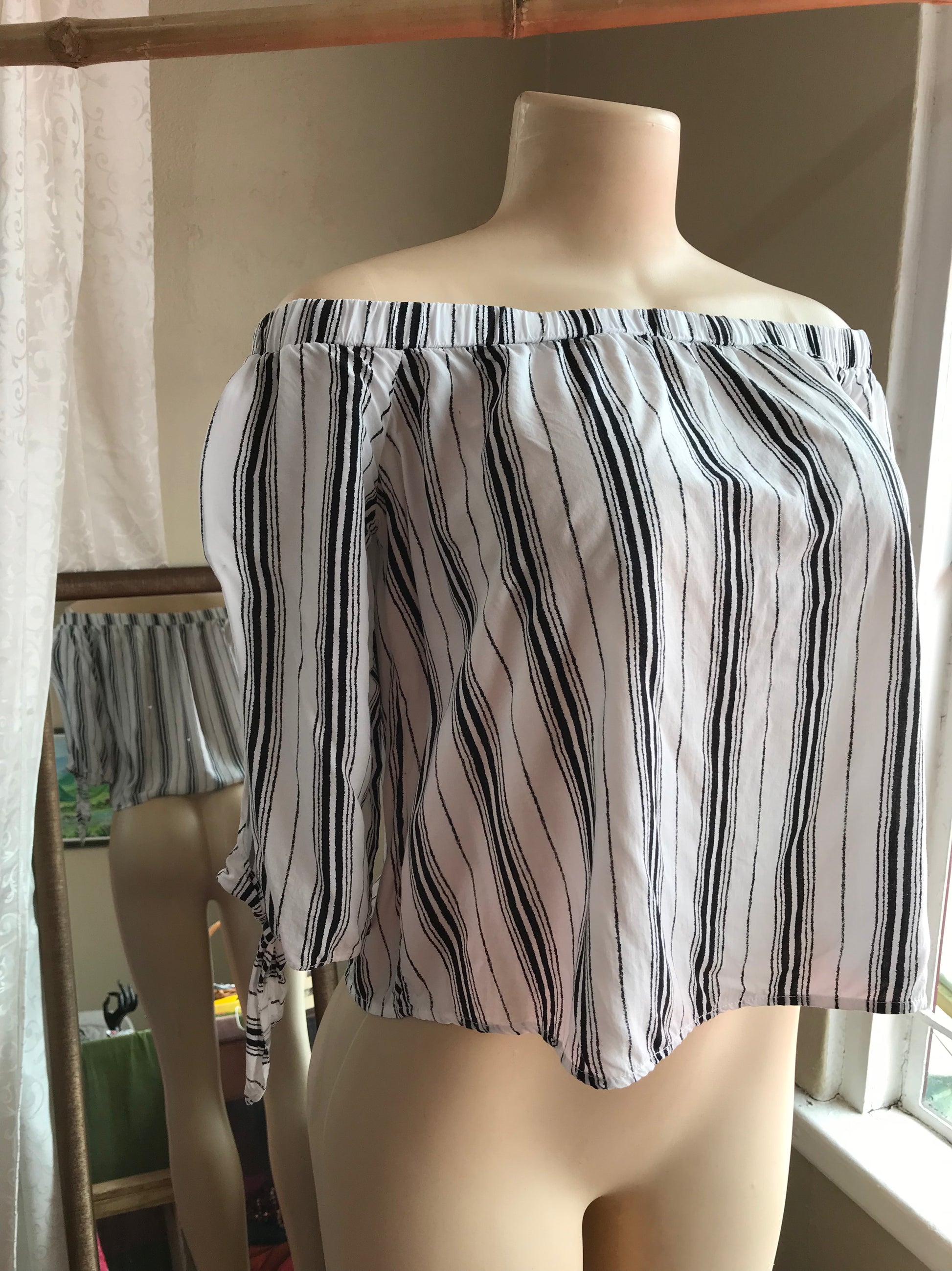 Forever 21 Stripe Off the Shoulder Blouse Tie Sleeve - S
