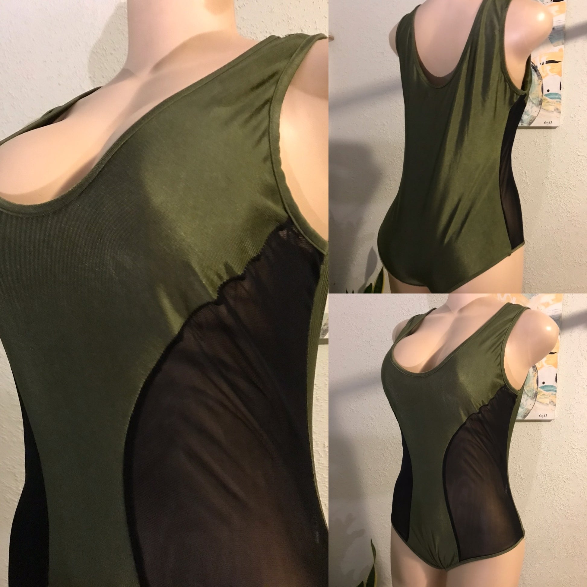 Green Mesh Side Sheen Earth Green Bodysuit XL