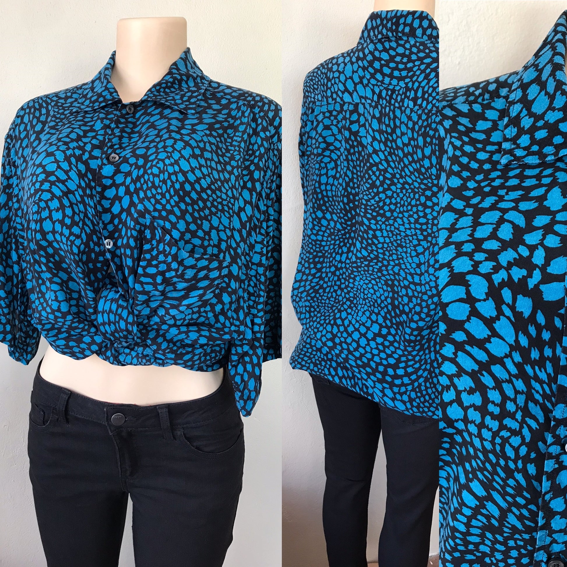 Vintage Blue Print Button Shirt Short Sleeve
