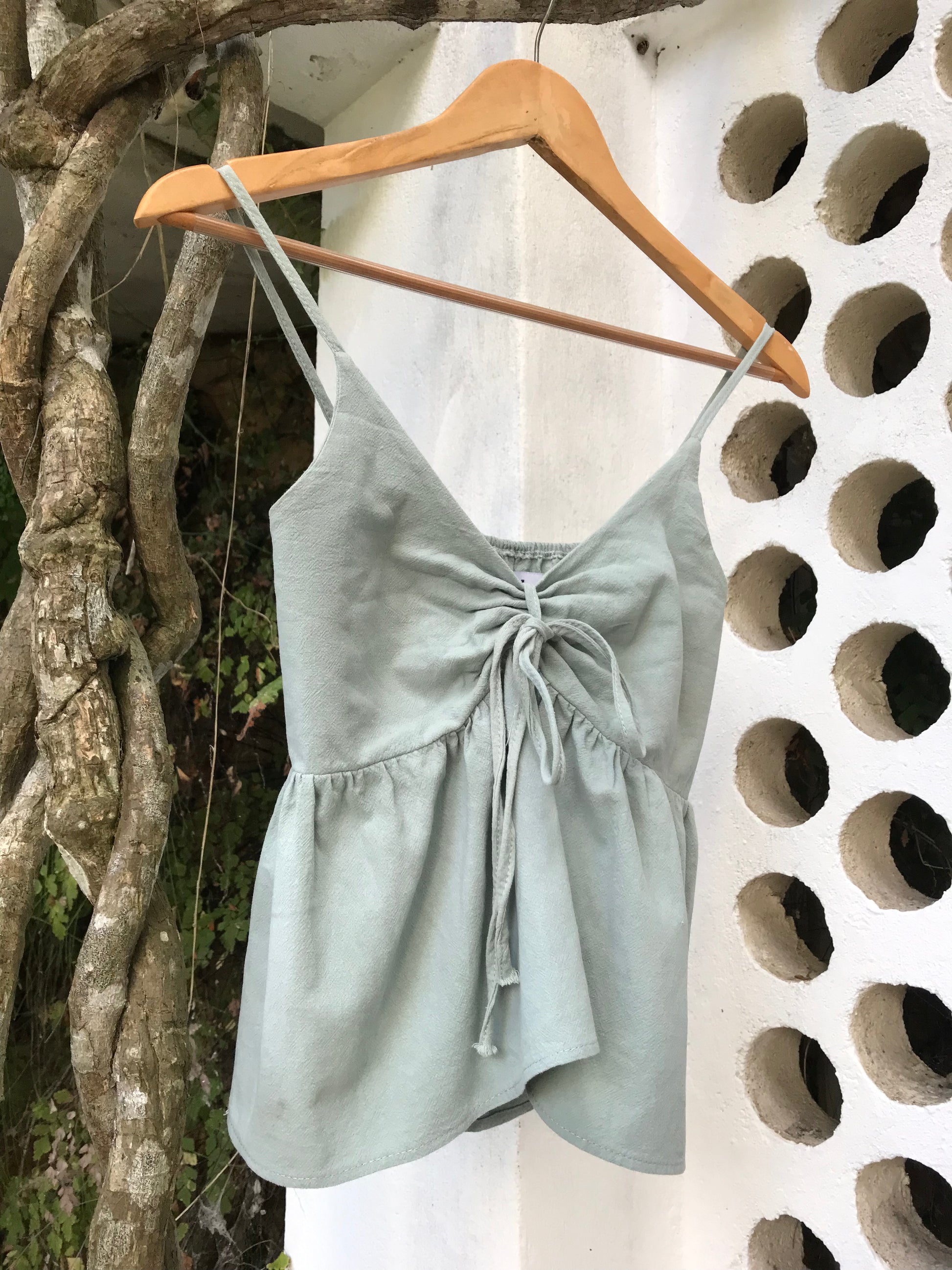 Powder Mint Flare Spaghetti Blouse - S