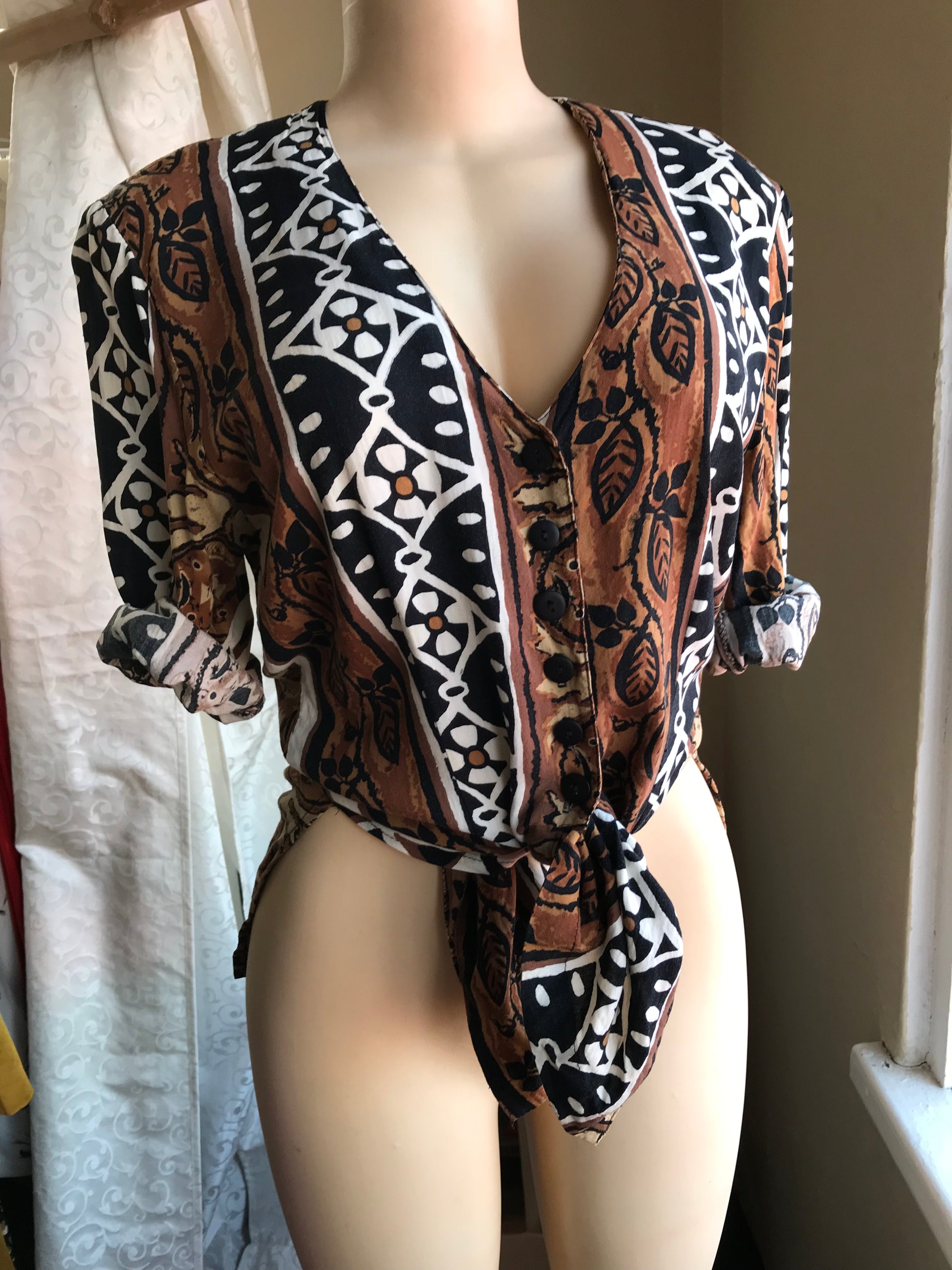 Vintage Earth Tone Print Blouse Button
