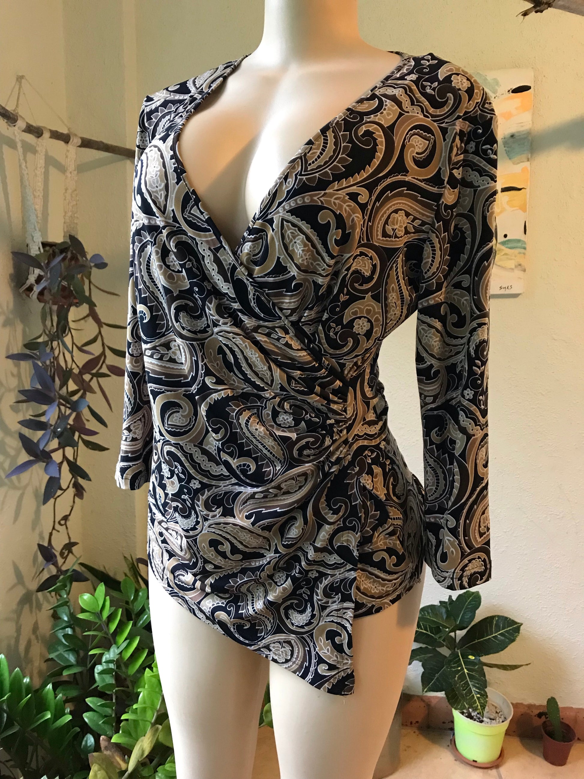 Retro Stretchy Brown Paisley Wrap Style Blouse