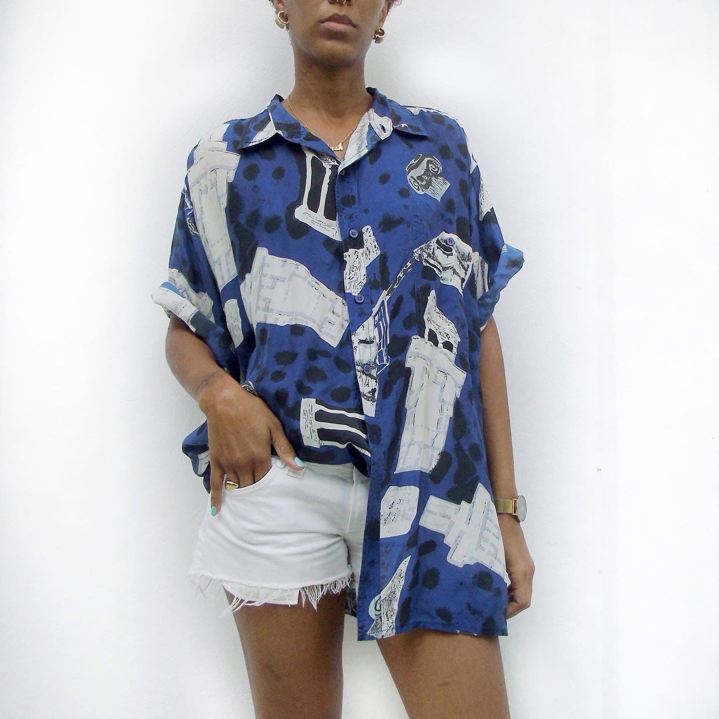 Vintage Navy & White 100% Silk Shirt Men's