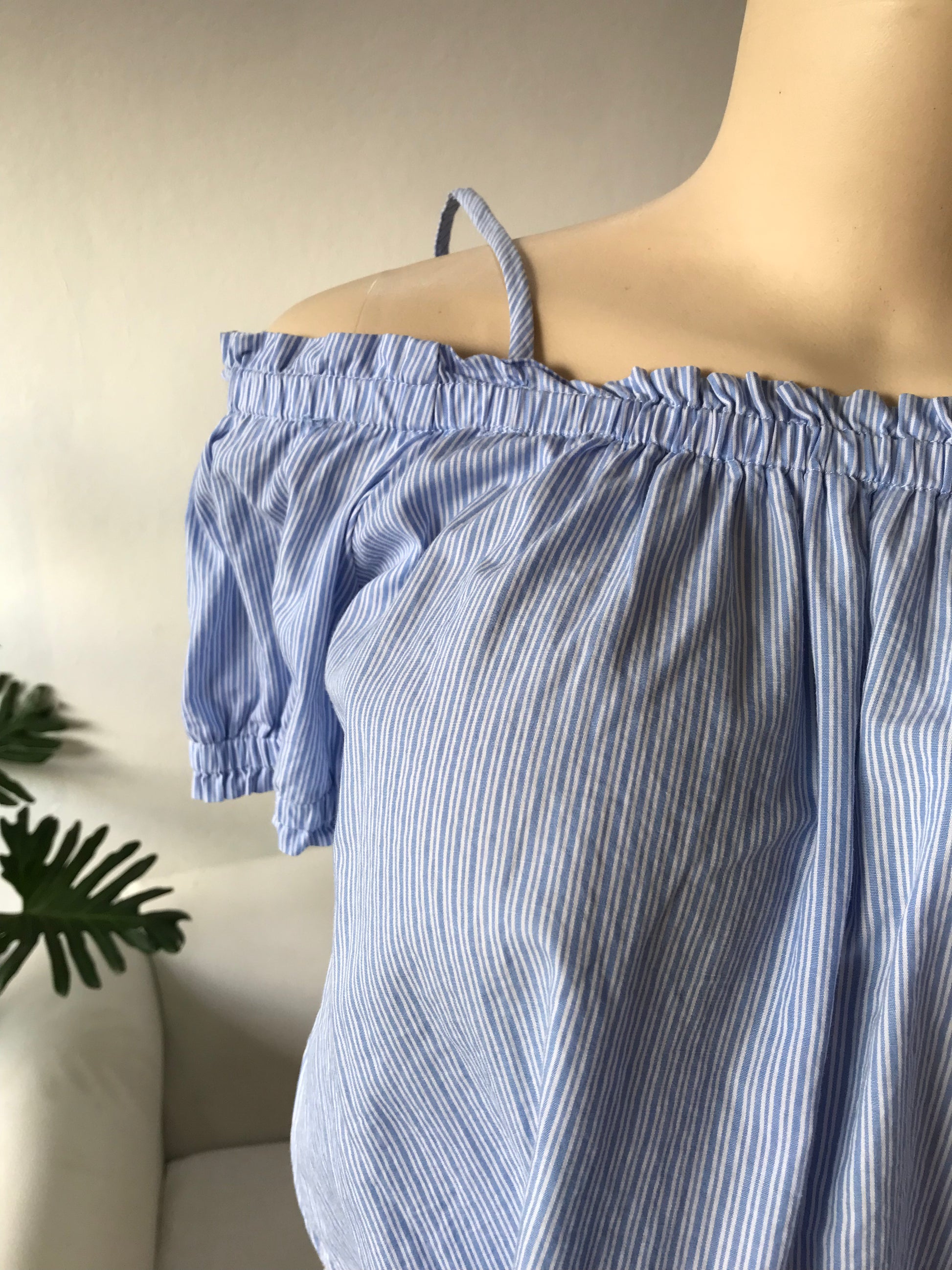 Blue Cotton off the Shoulder Stripe Blouse ...