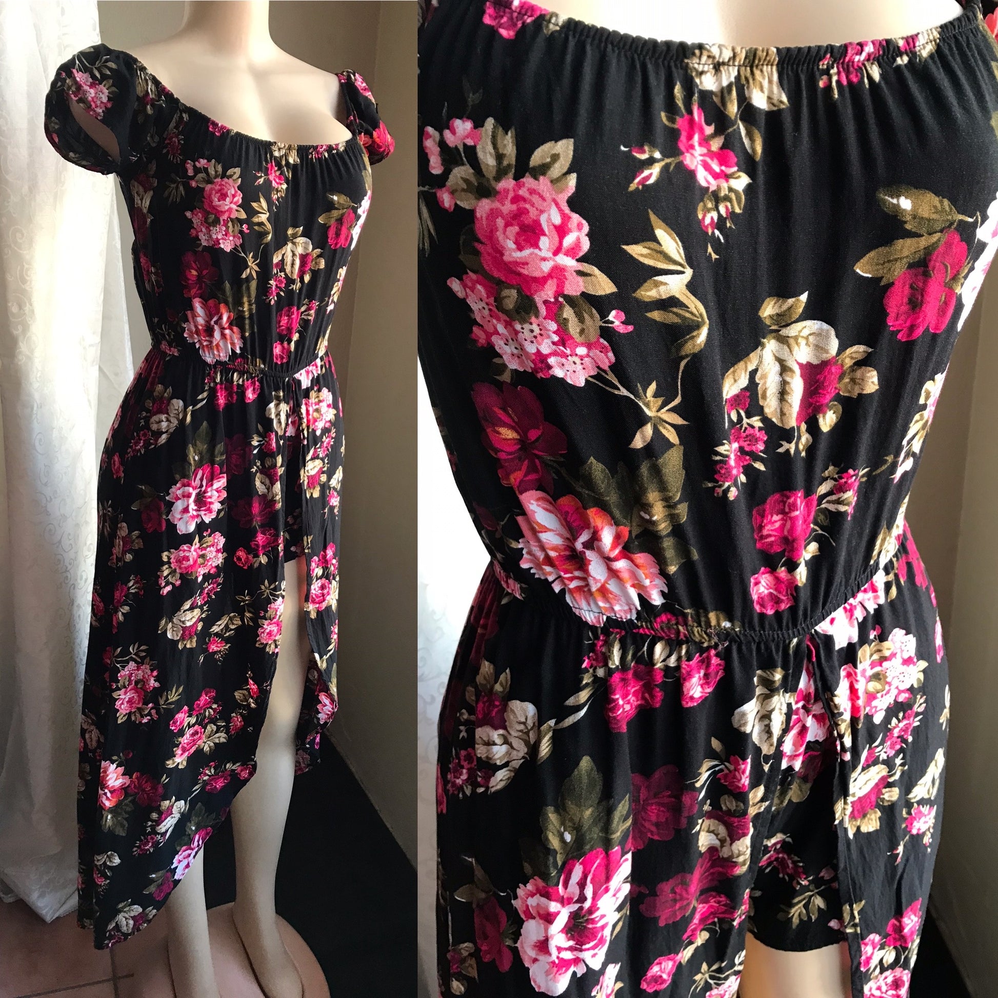 Black Goddess Floral Romper Maxi Dress - M