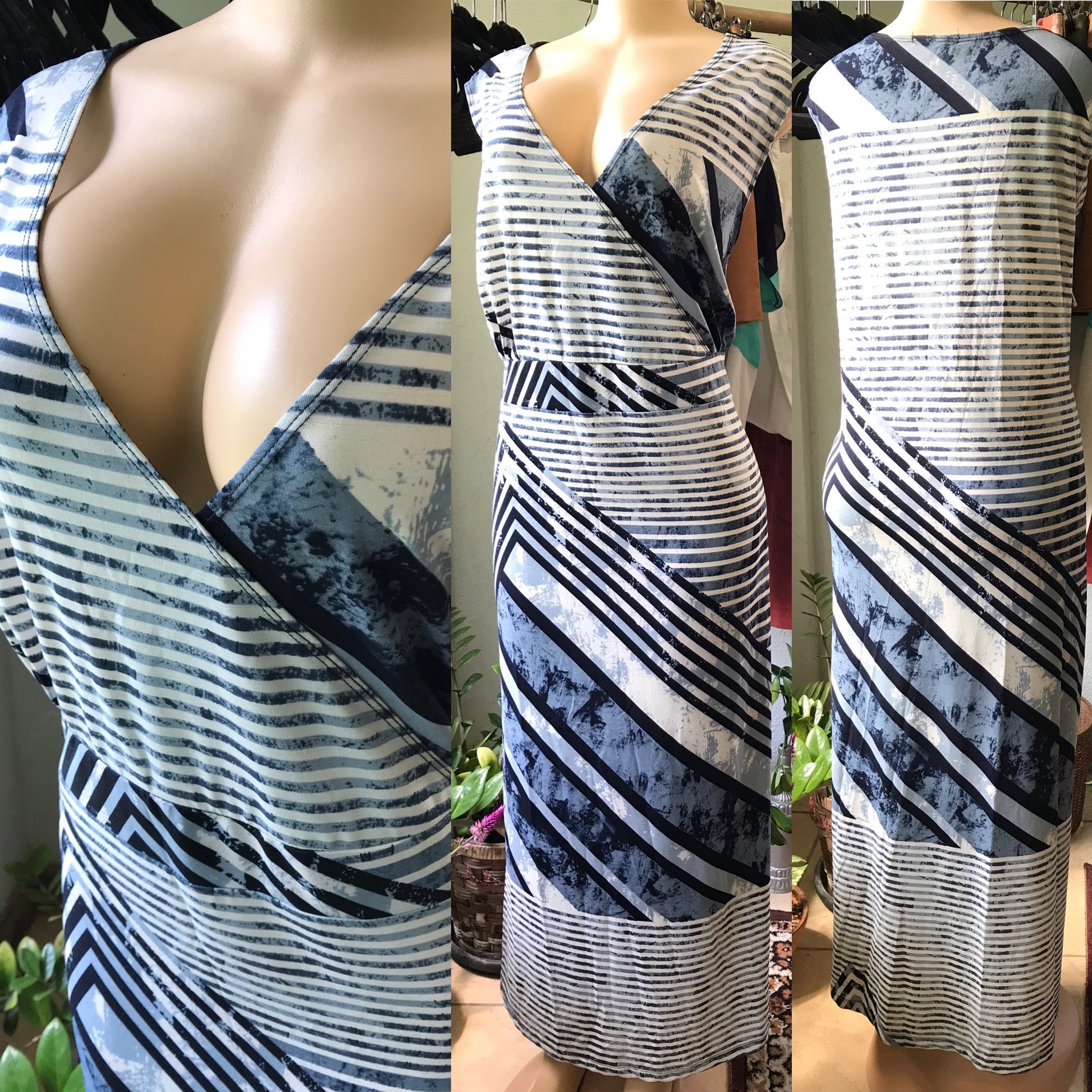 Plus Blues Stripe Maxi Dress Stretchy