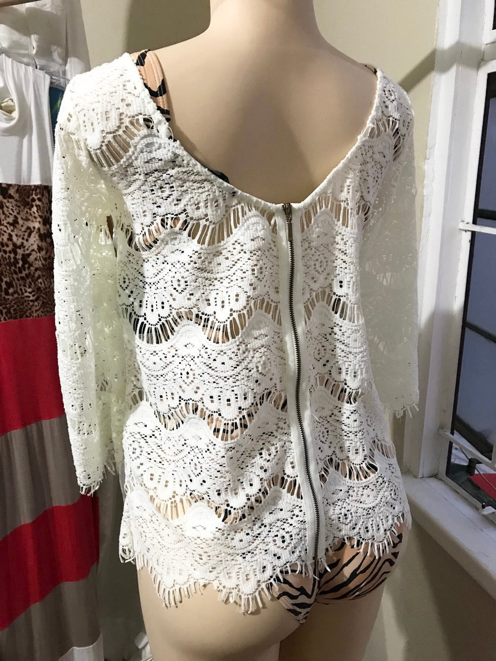 Zara White Lace Zip Back Top