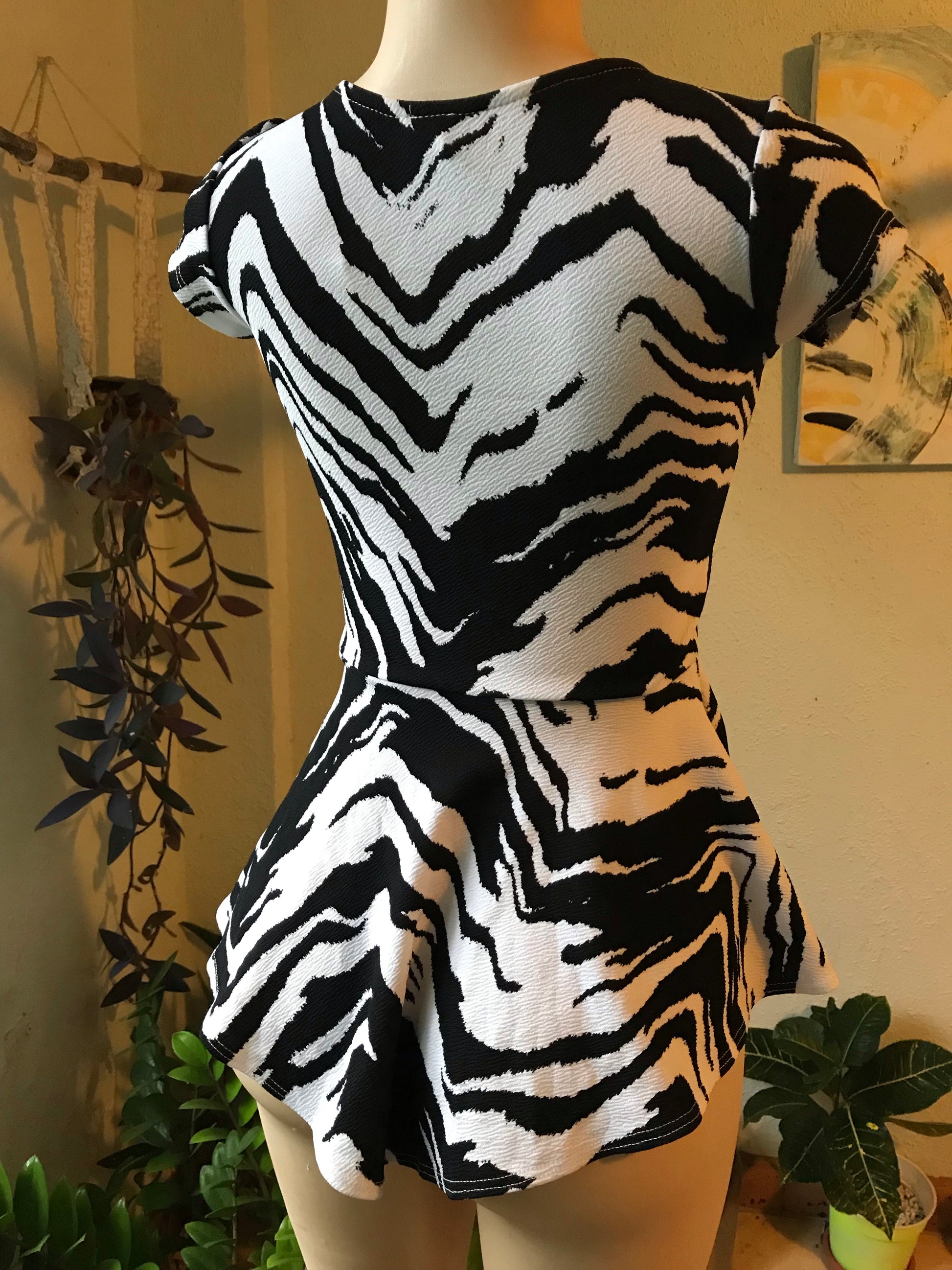 Retro Zebra Stripe Peplum Blouse Stretchy