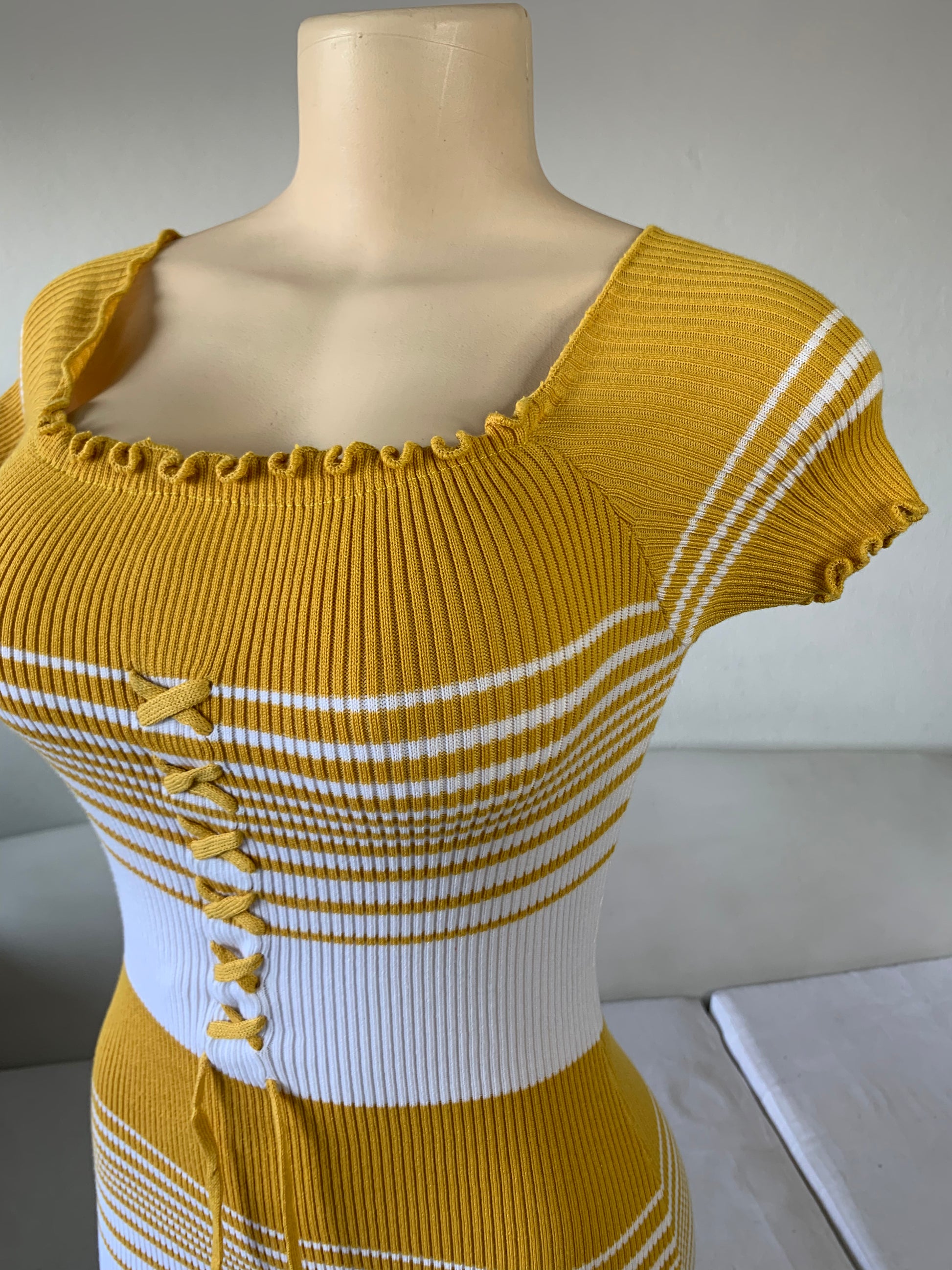 Ribbed Mustard Stripe Dress w Shoelace Detail- M