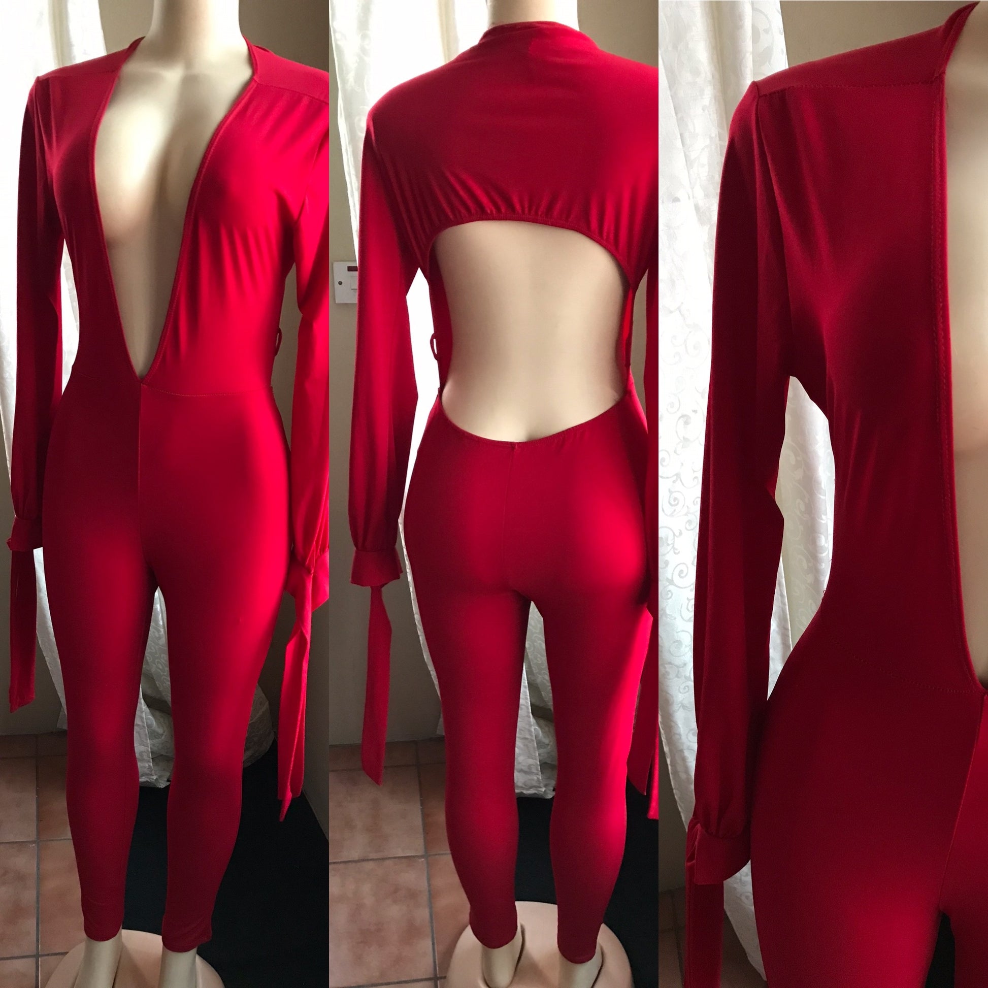 Red Plunge Neck Backless Jumpsuit Tied Cuffs