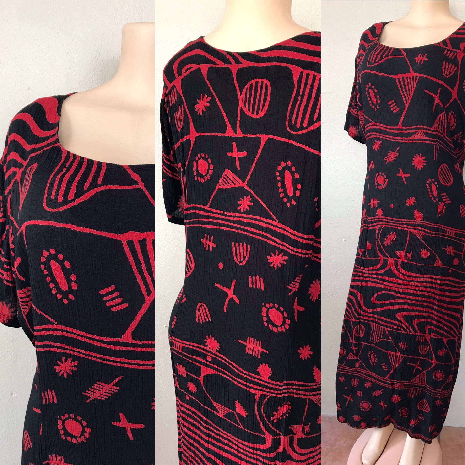 Vintage Black & Red Tribal Print Crinkle Maxi Dress