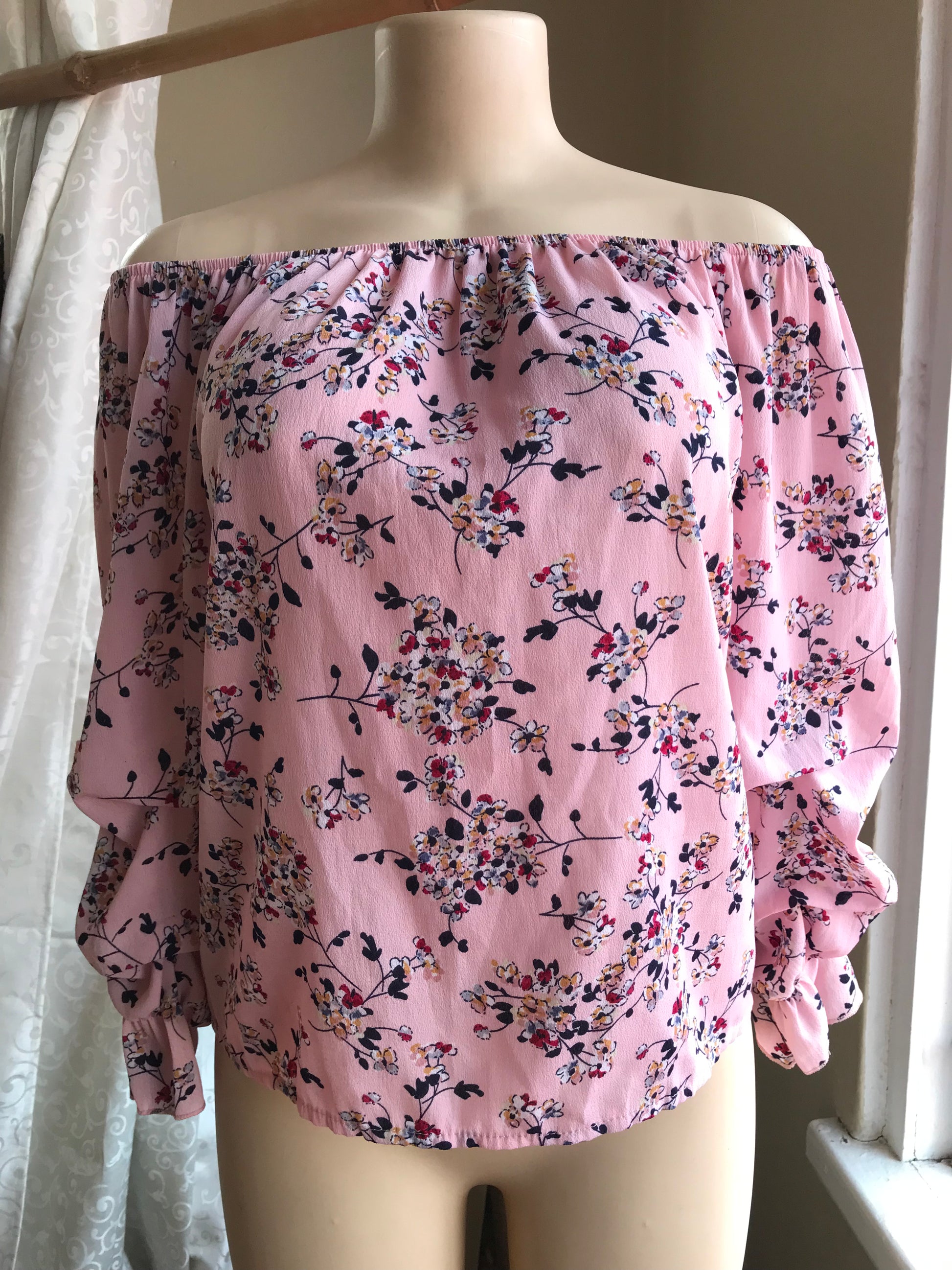 Pink Floral Off the Shoulder Blouse Ruche Sleeve