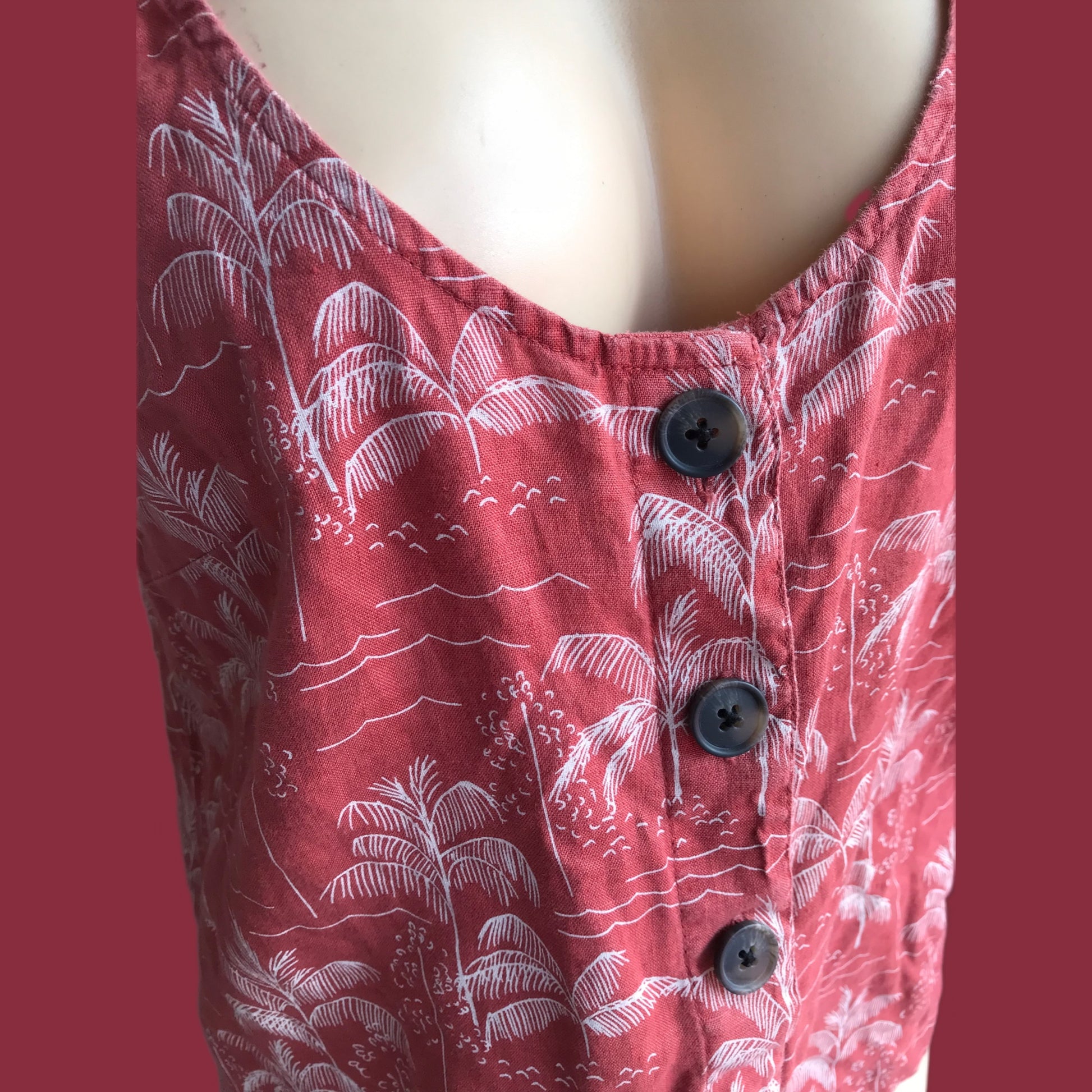 Vintage Linen Palm Print Sleeveless Blouse - M