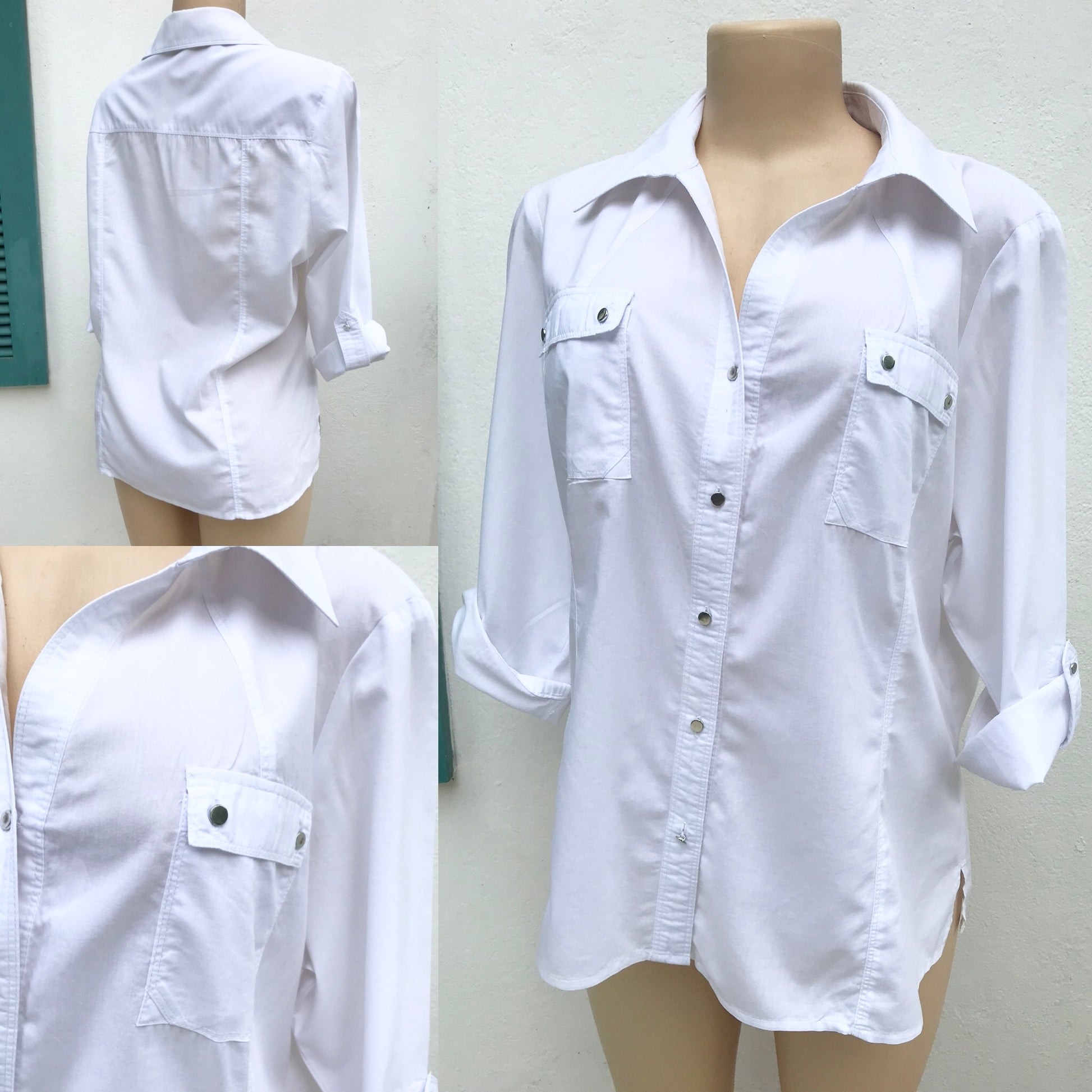 White Button Down Blouse Silver Stud Cuffed PLUS