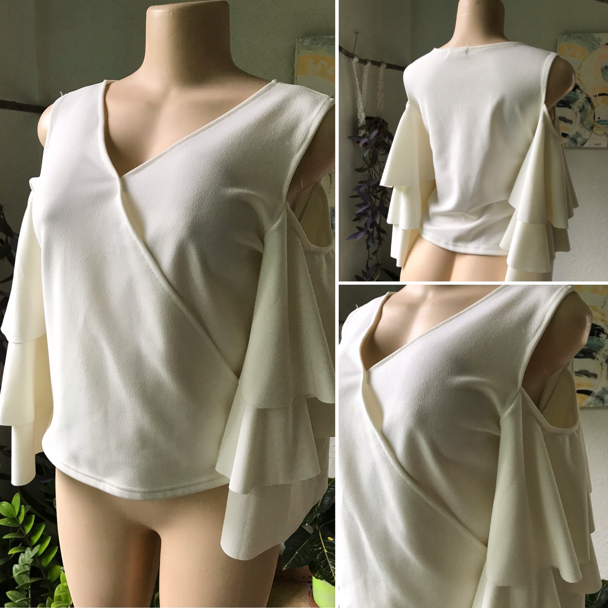 White Bell Ruffle Sleeve Wrap Style Blouse Cold Shoulder