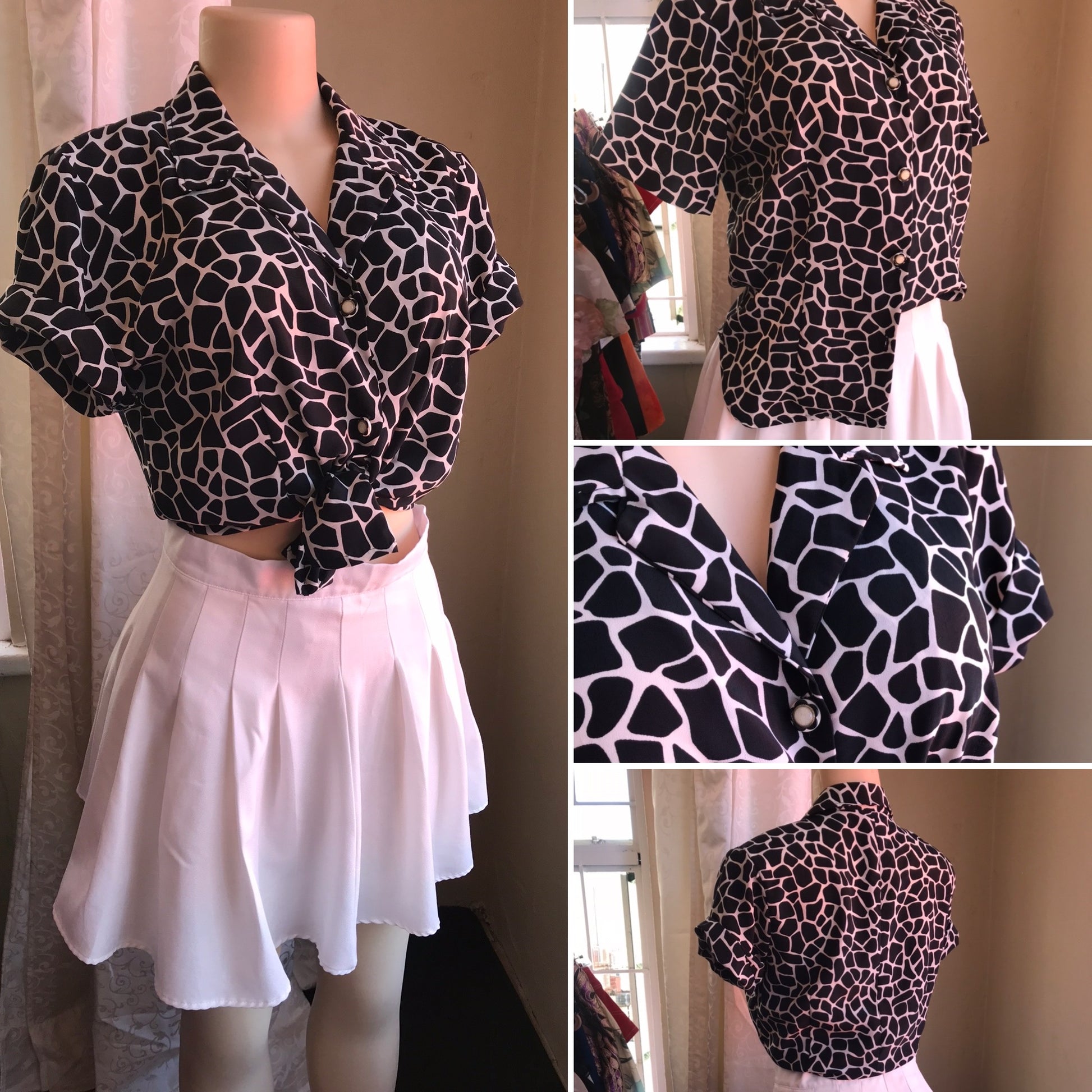 Vintage Black Giraffe Pattern Button Blouse