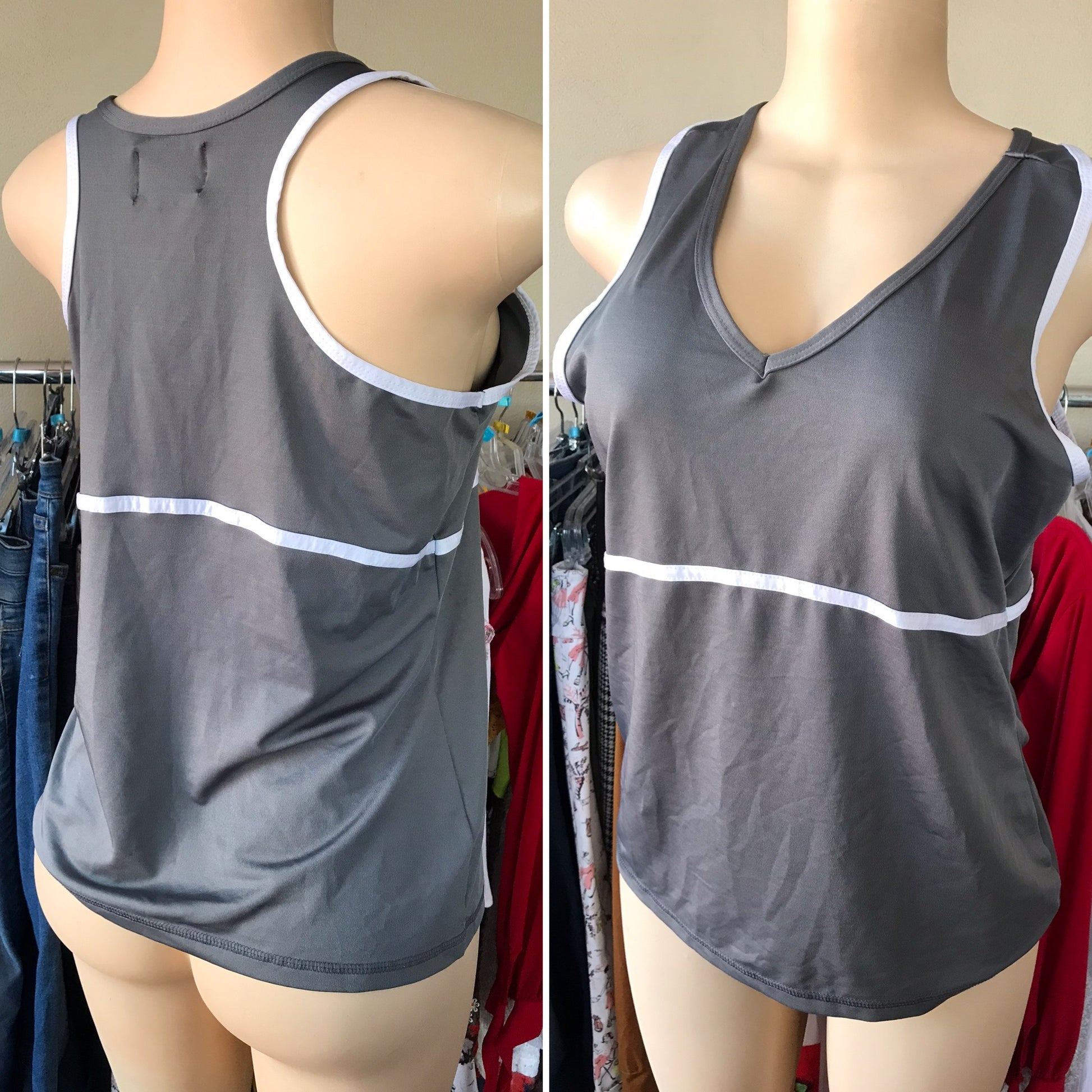 Grey & White Exercise Racer Back Top - L