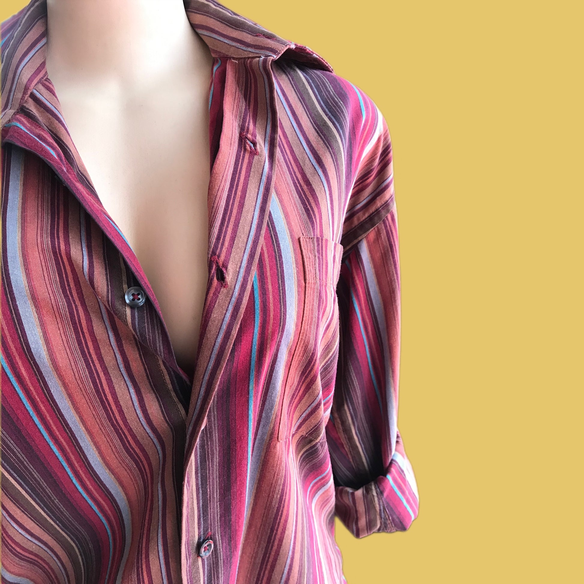 Vintage Earth Toned Button Stripe Shirt - M