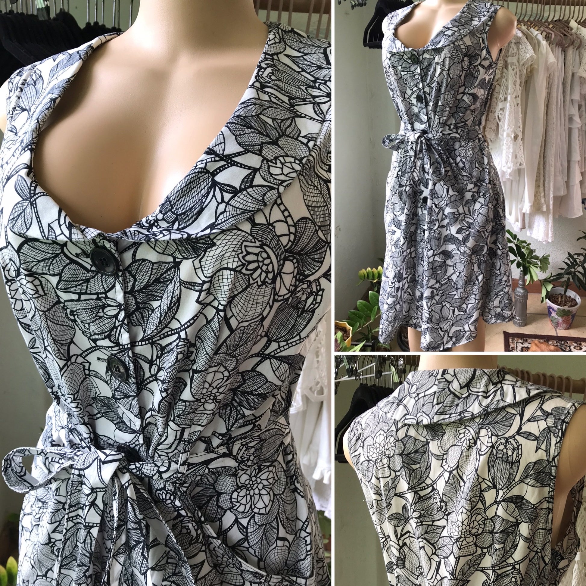 Vintage B&W Leaf Garden Dress 100% Cotton