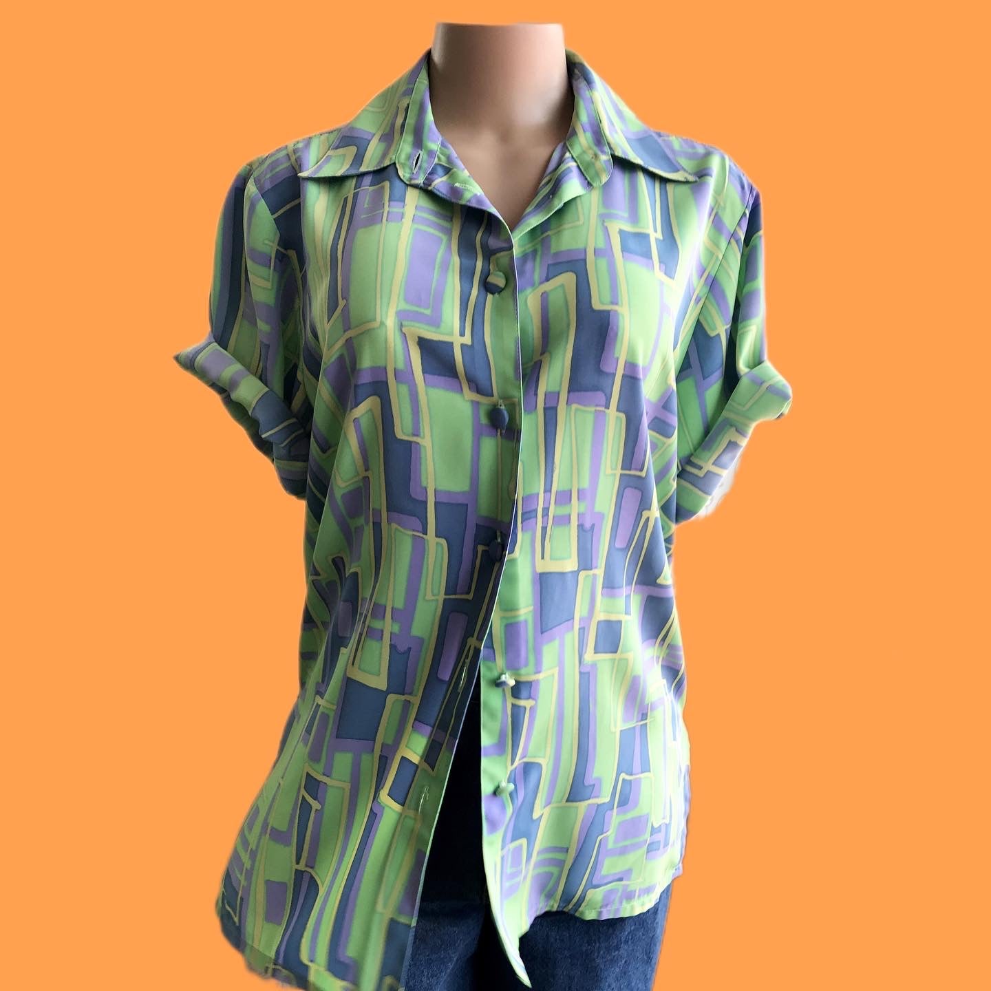 Vintage Green & Purple Groovy Print Button Shirt - L