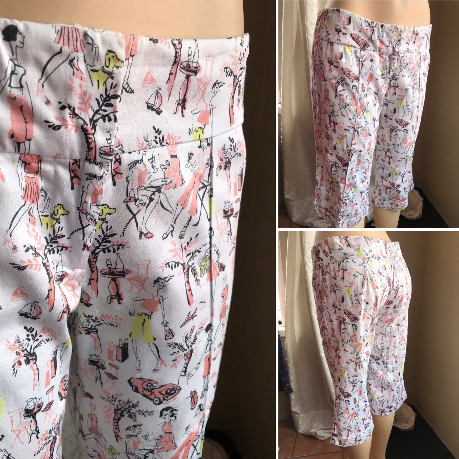 Vintage Cafe Illustration Capri Pants - M
