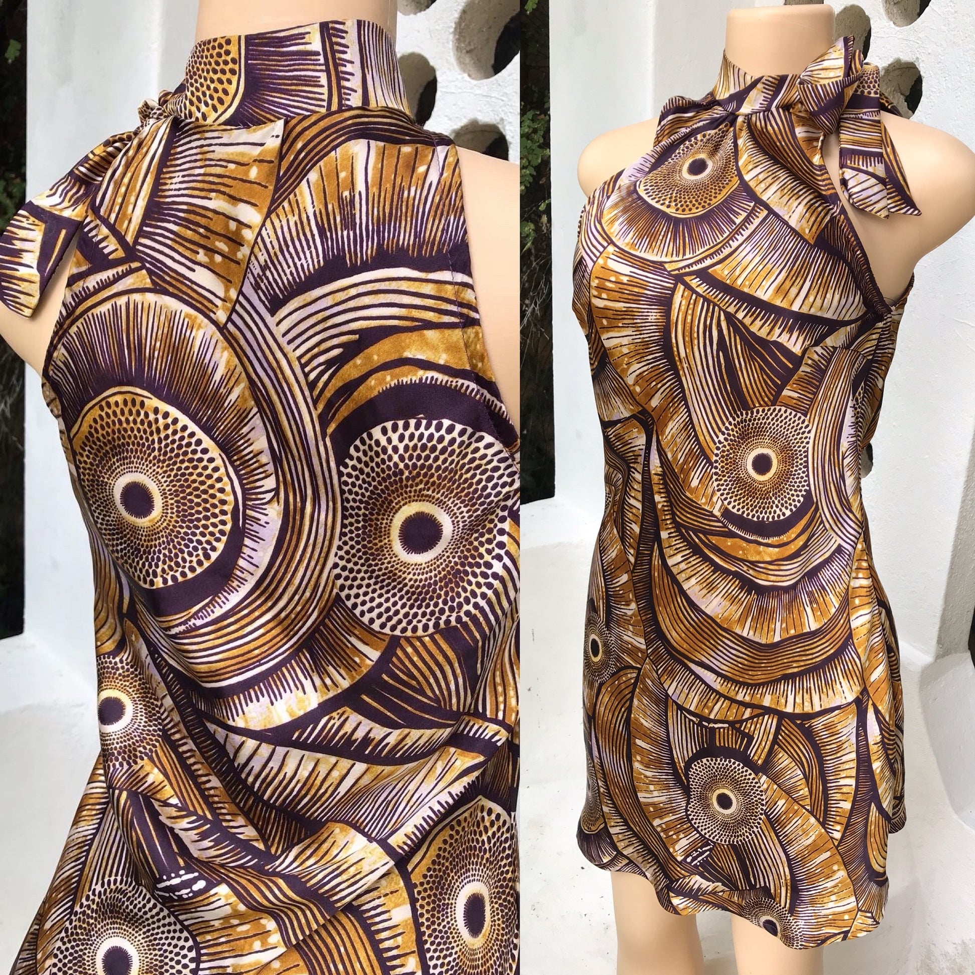 Retro Silky Brown Print Halter Dress