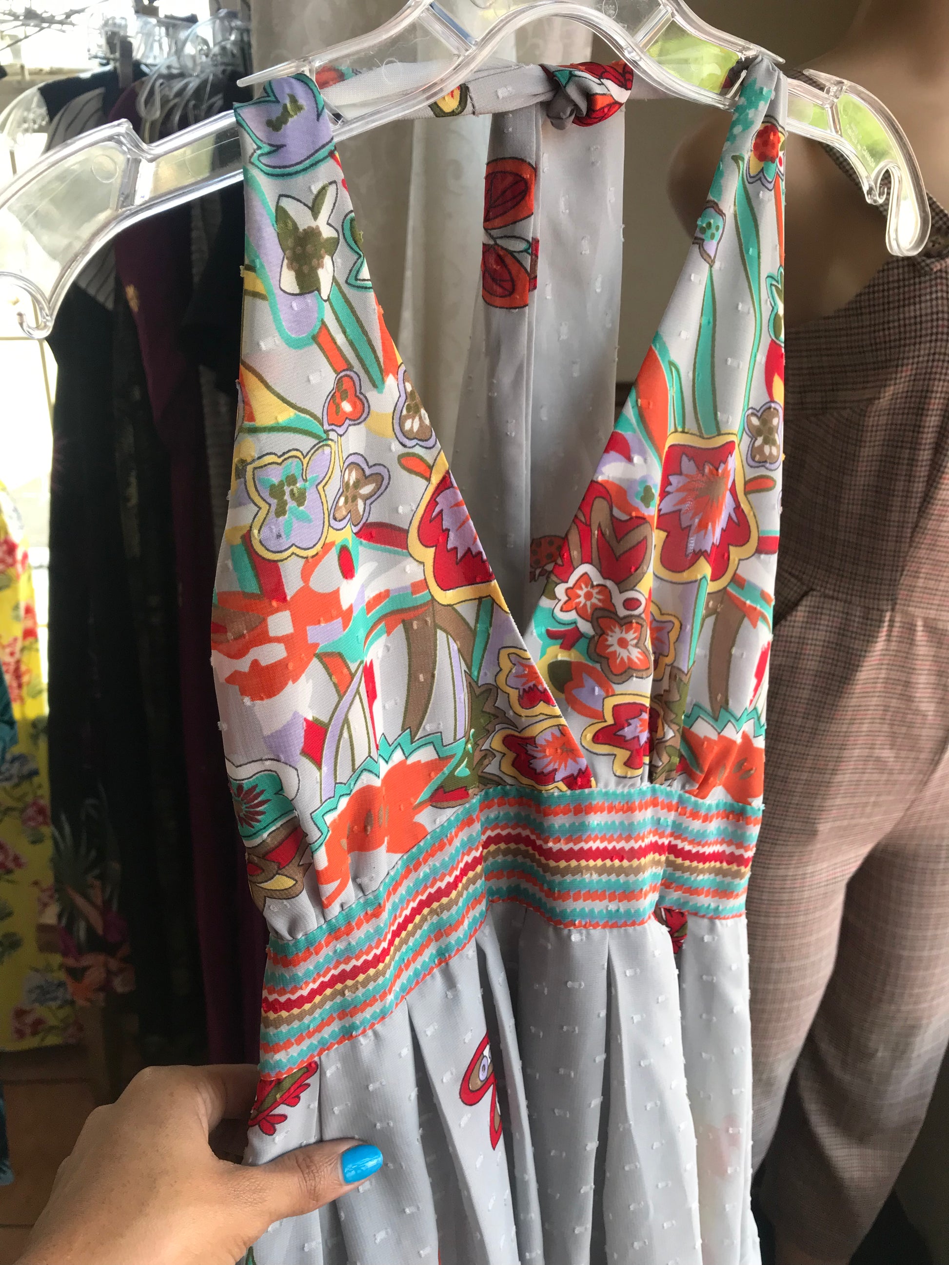 Grey Floral Halter Dress - M