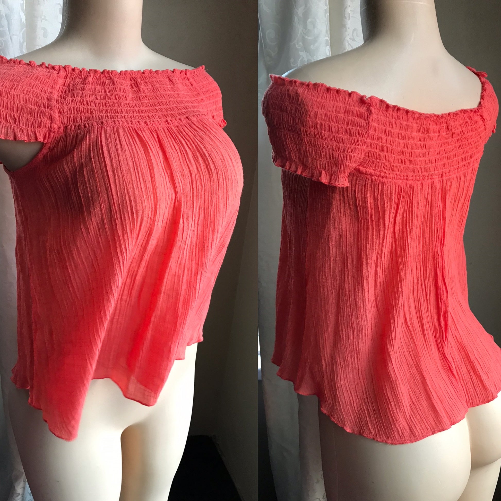 Coral Crinkle Off the Shoulder Top