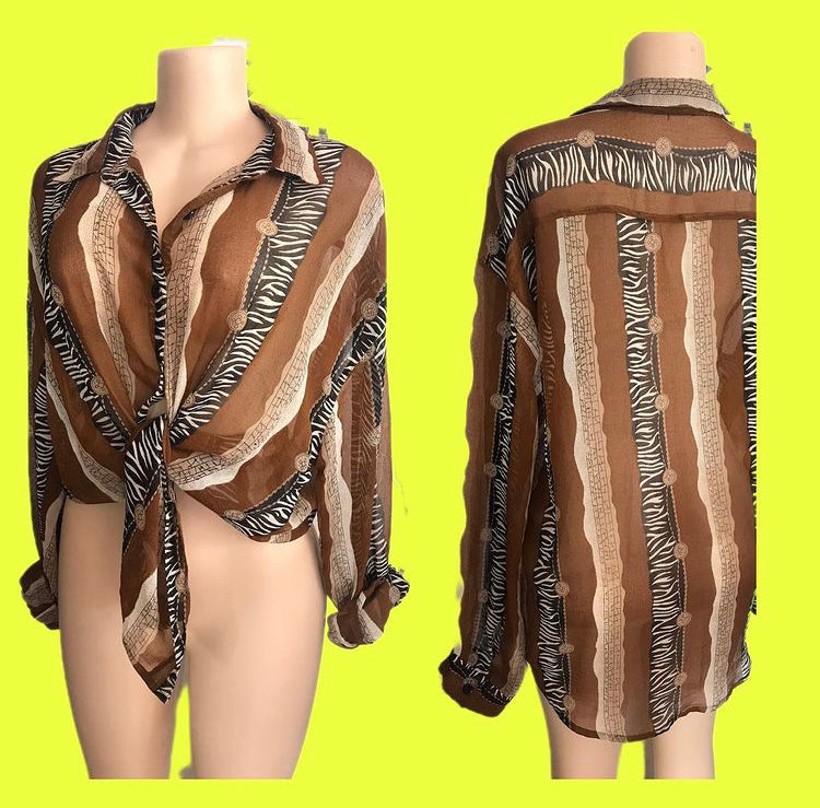 PLUS Vintage Sheer Brown Animal Print Button Blouse
