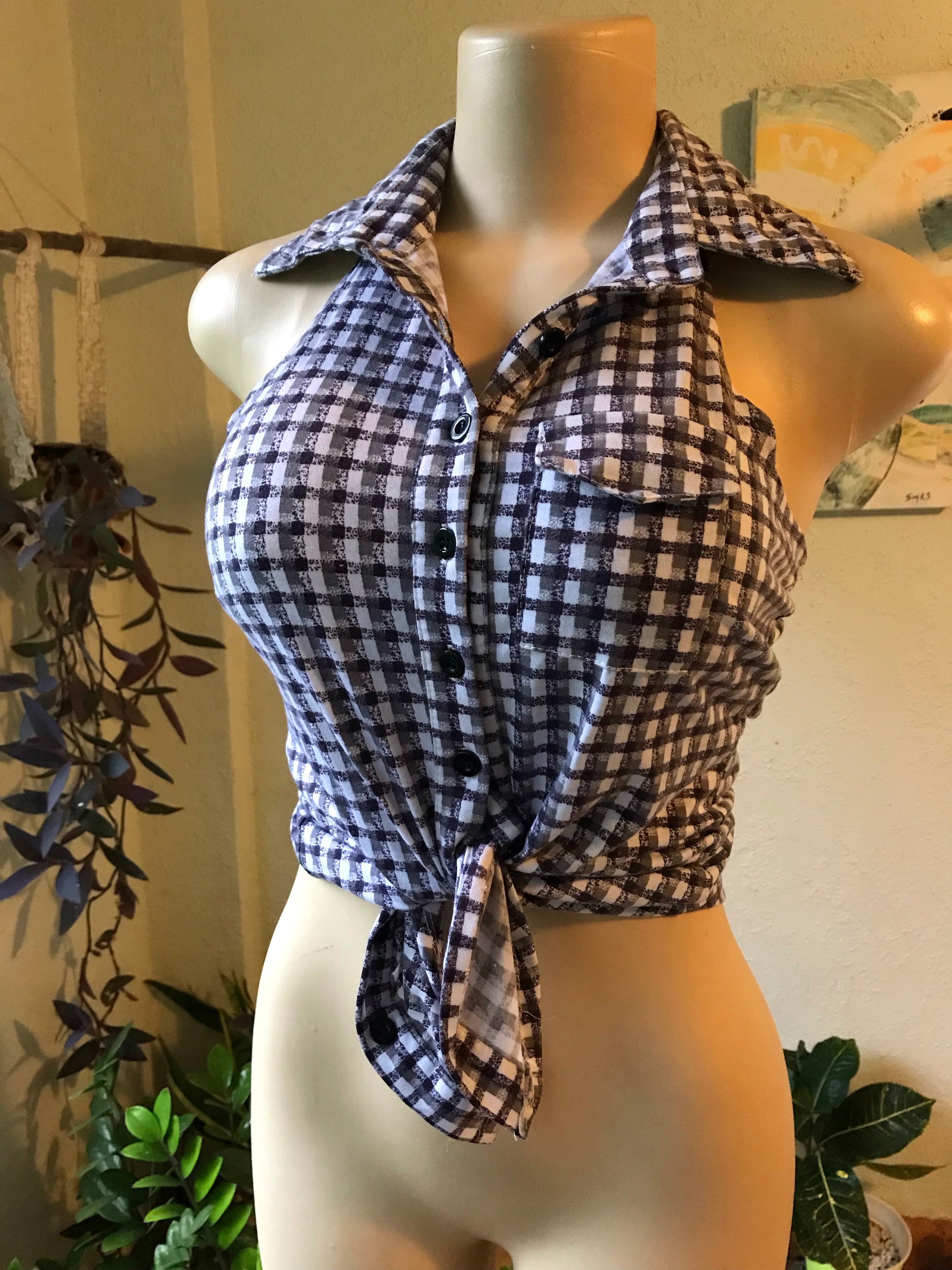 Grey Plaid Sleeveless Button Blouse