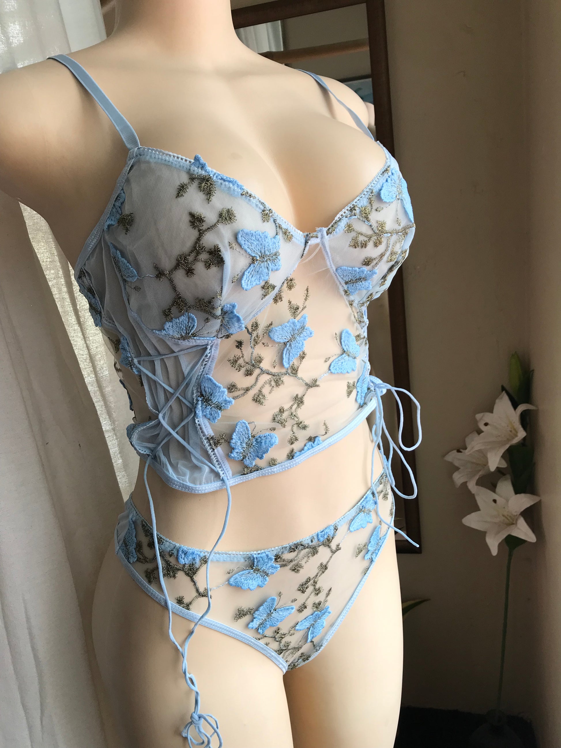 New butterfly mesh adjustable tankini lingerie set /xl