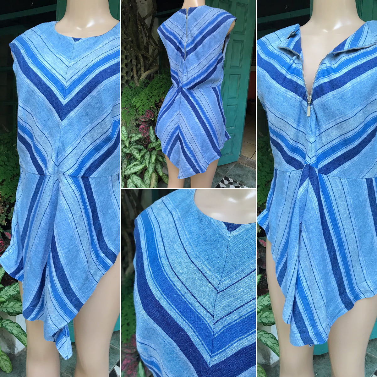 Herringbone blues sleeveless top organic zip back v cut ... m