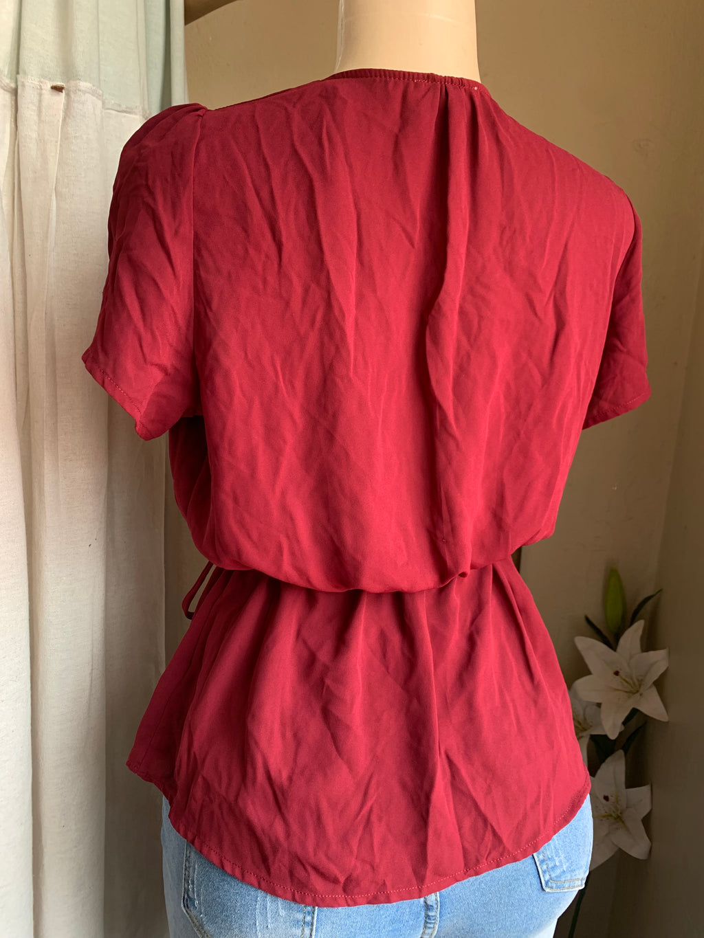 Burgundy red wrap tie blouse … L