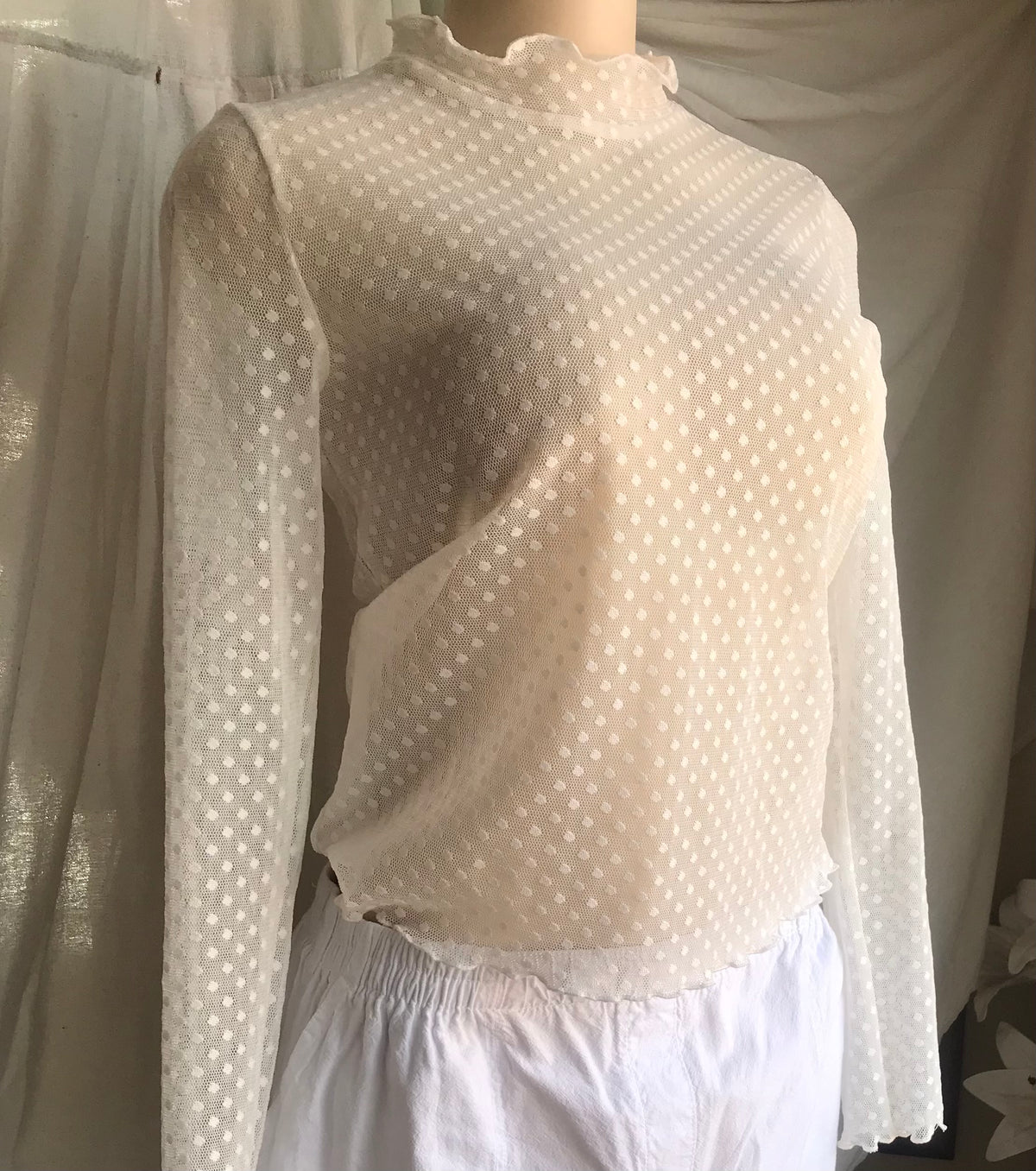 white mesh polka turtleneck blouse long sleeve