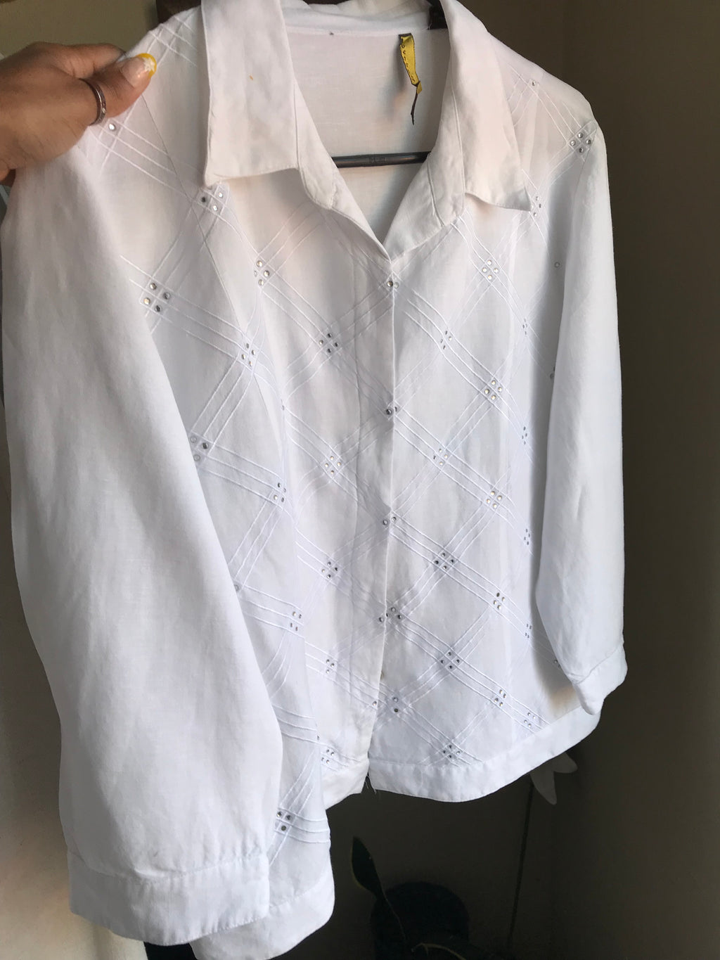vintage white organic button shirt with gems ...L/XL ^^^