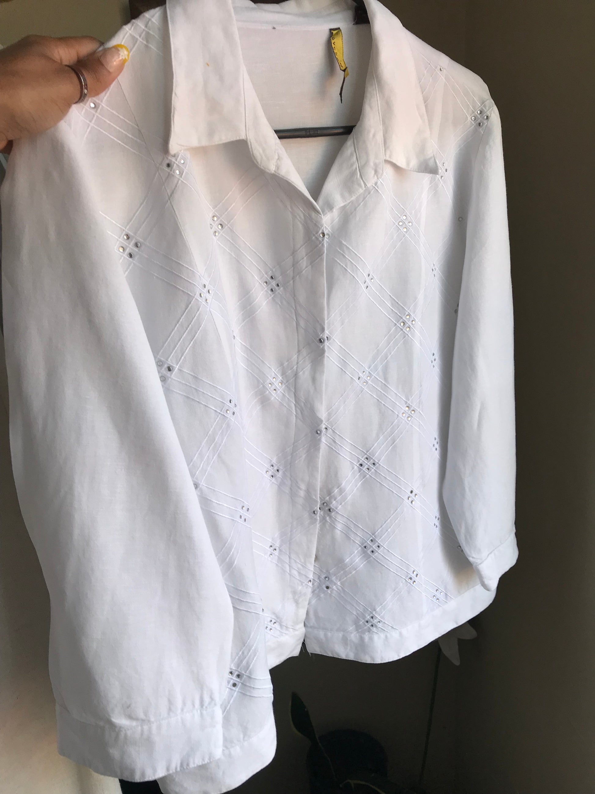 vintage white organic button shirt with gems ...L/XL ^^^