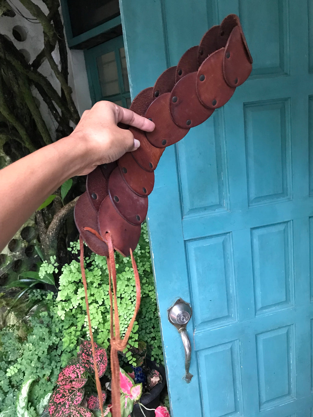 Y2K leather disk belt tied . one size