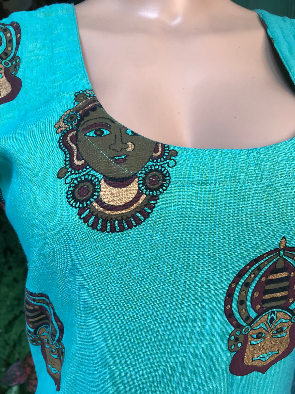 Teal Organic Vintage Tribal Faces Midi Dress Gold Detail Slit  M ,,,